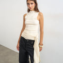 Topshop high neck top with tie detail in buttermilk