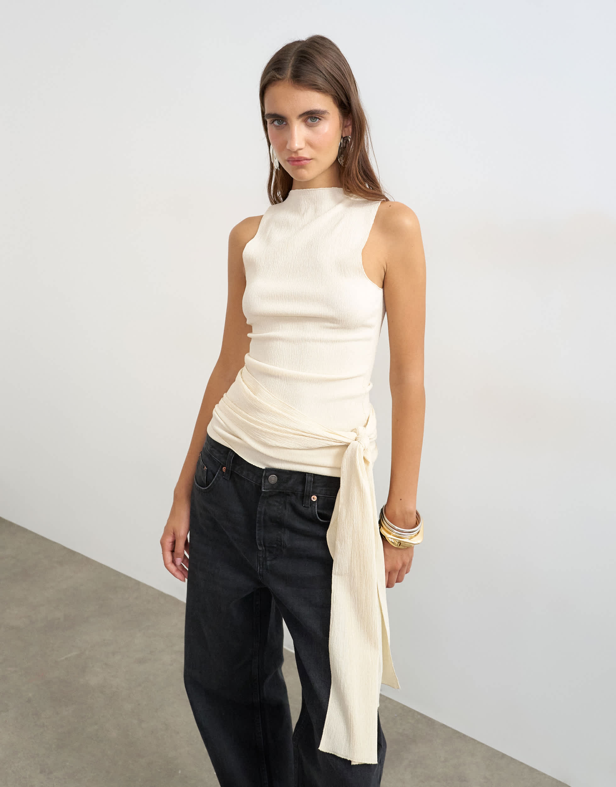 Topshop high neck top with tie detail in buttermilk