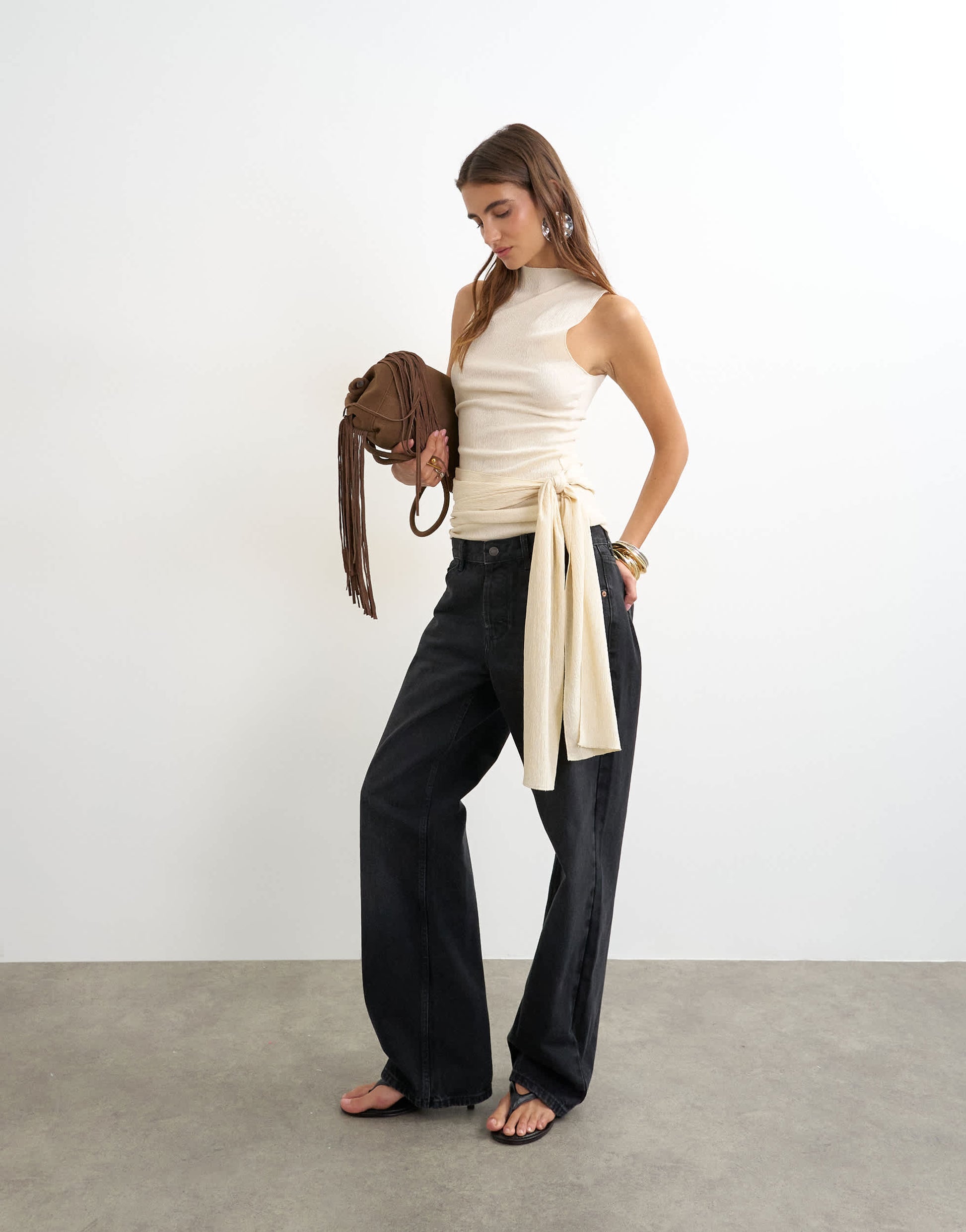 Topshop high neck top with tie detail in buttermilk