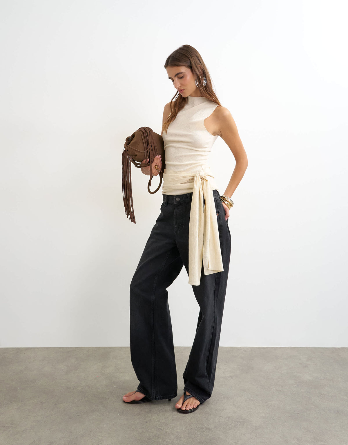 Topshop high neck top with tie detail in buttermilk