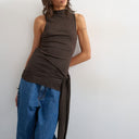 Topshop high neck top with tie detail in chocolate