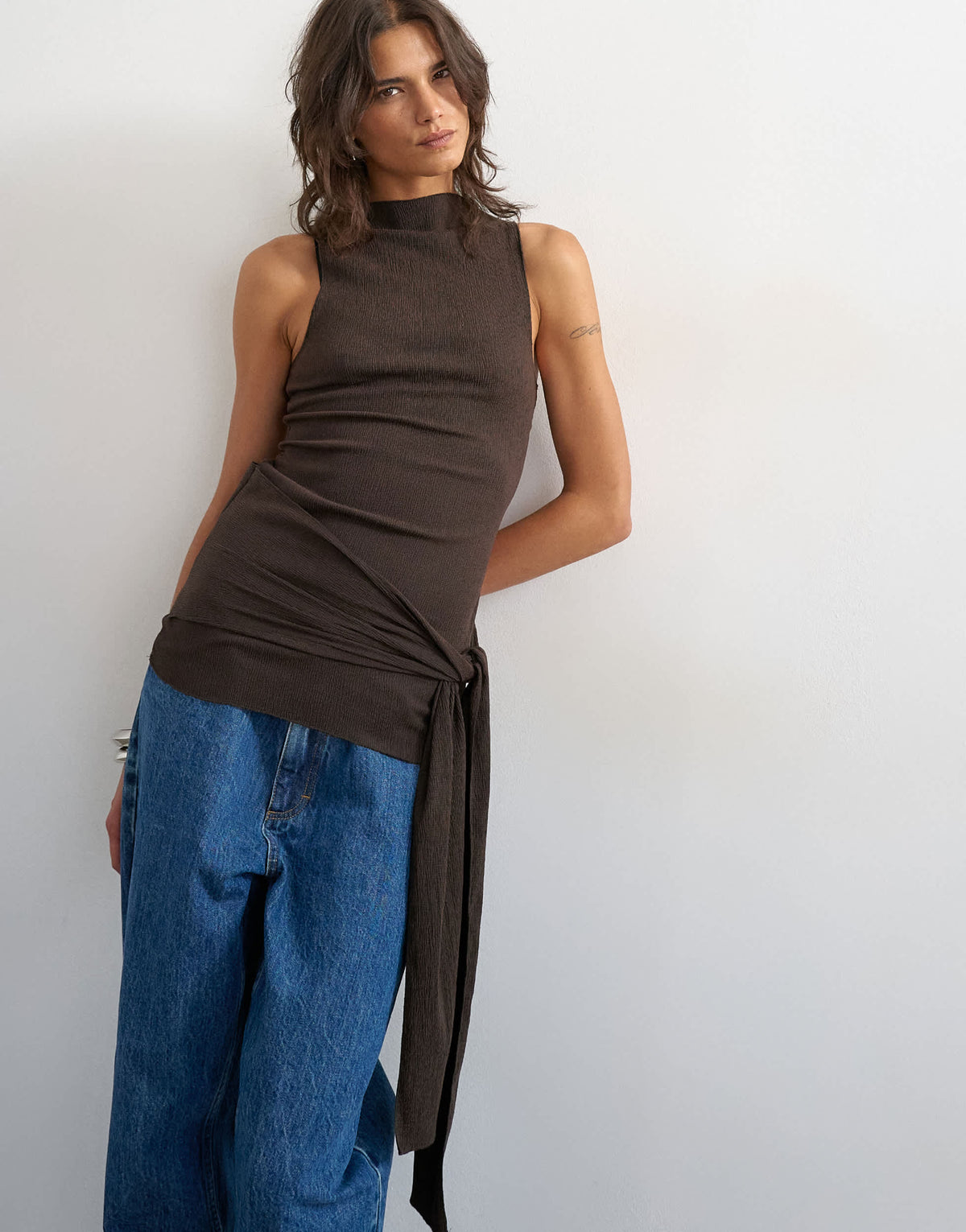 Topshop high neck top with tie detail in chocolate