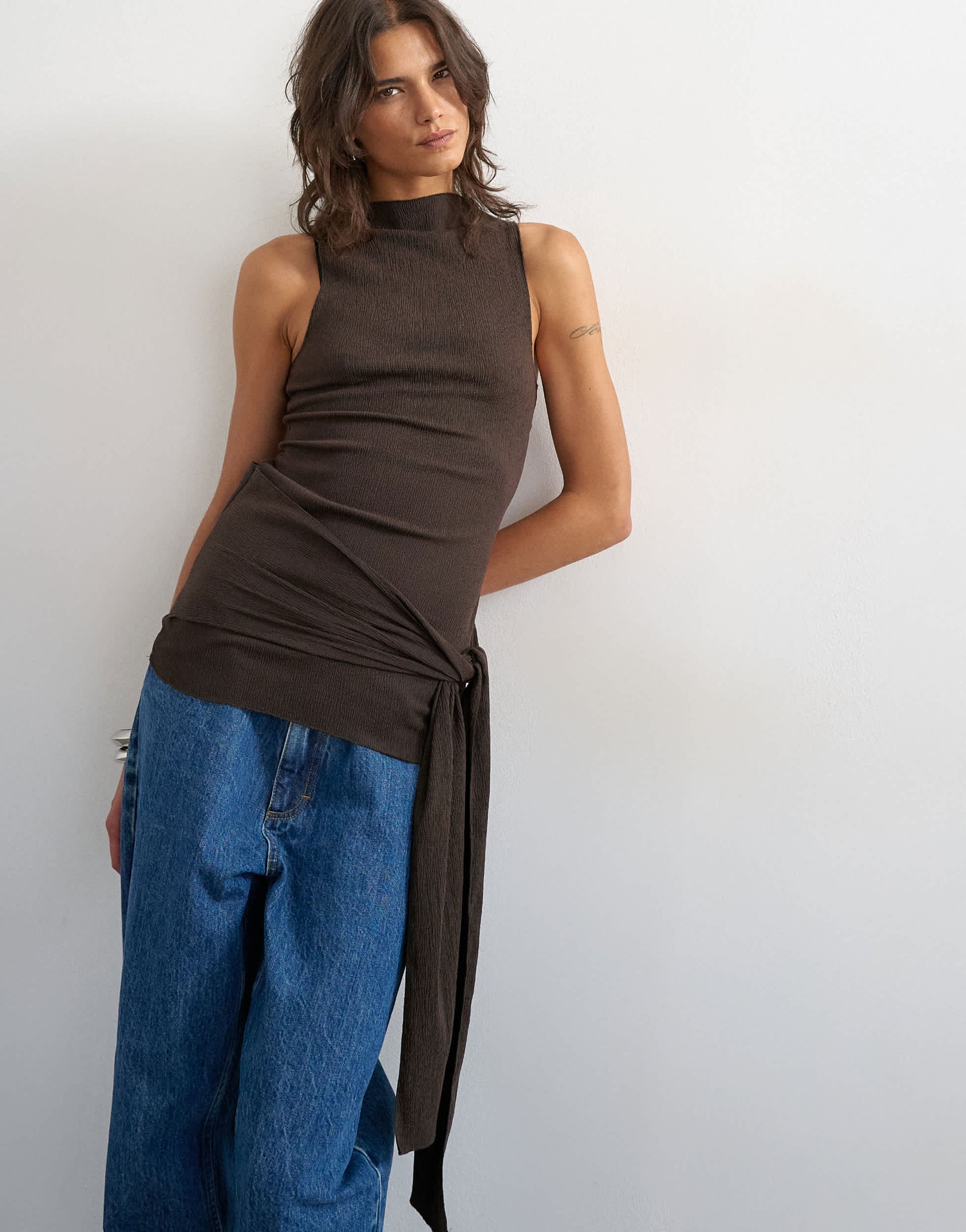 Topshop high neck top with tie detail in chocolate