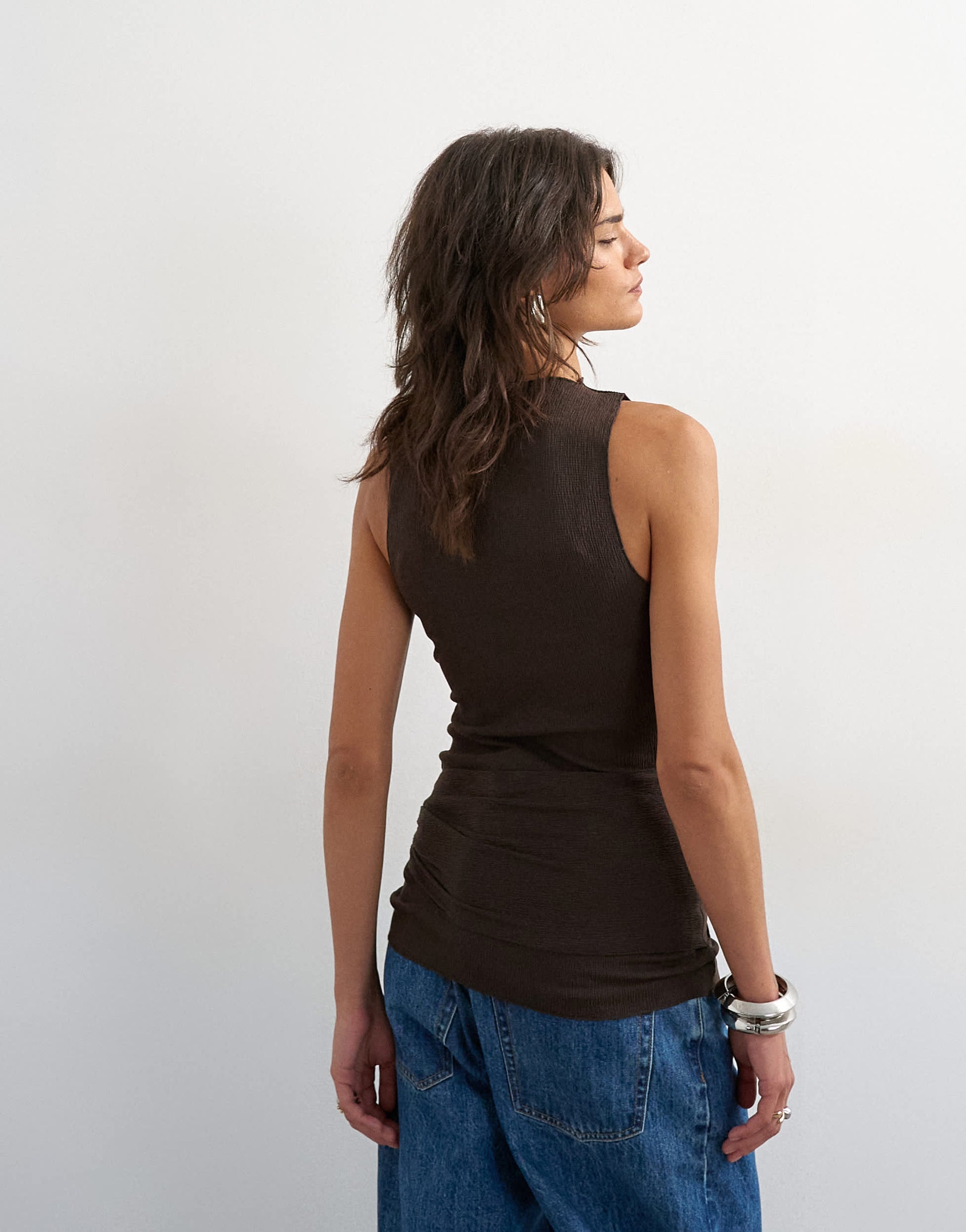 Topshop high neck top with tie detail in chocolate