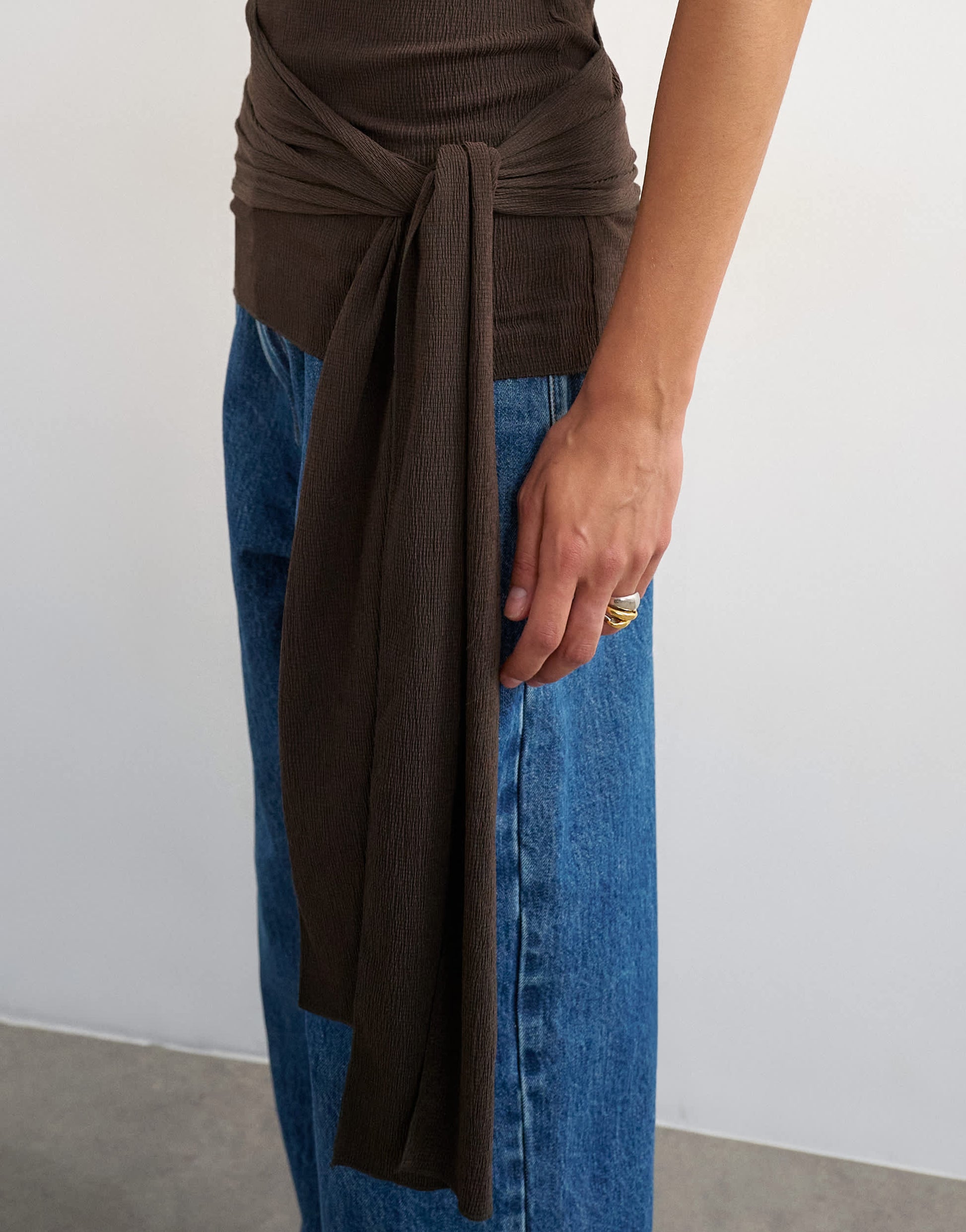 Topshop high neck top with tie detail in chocolate