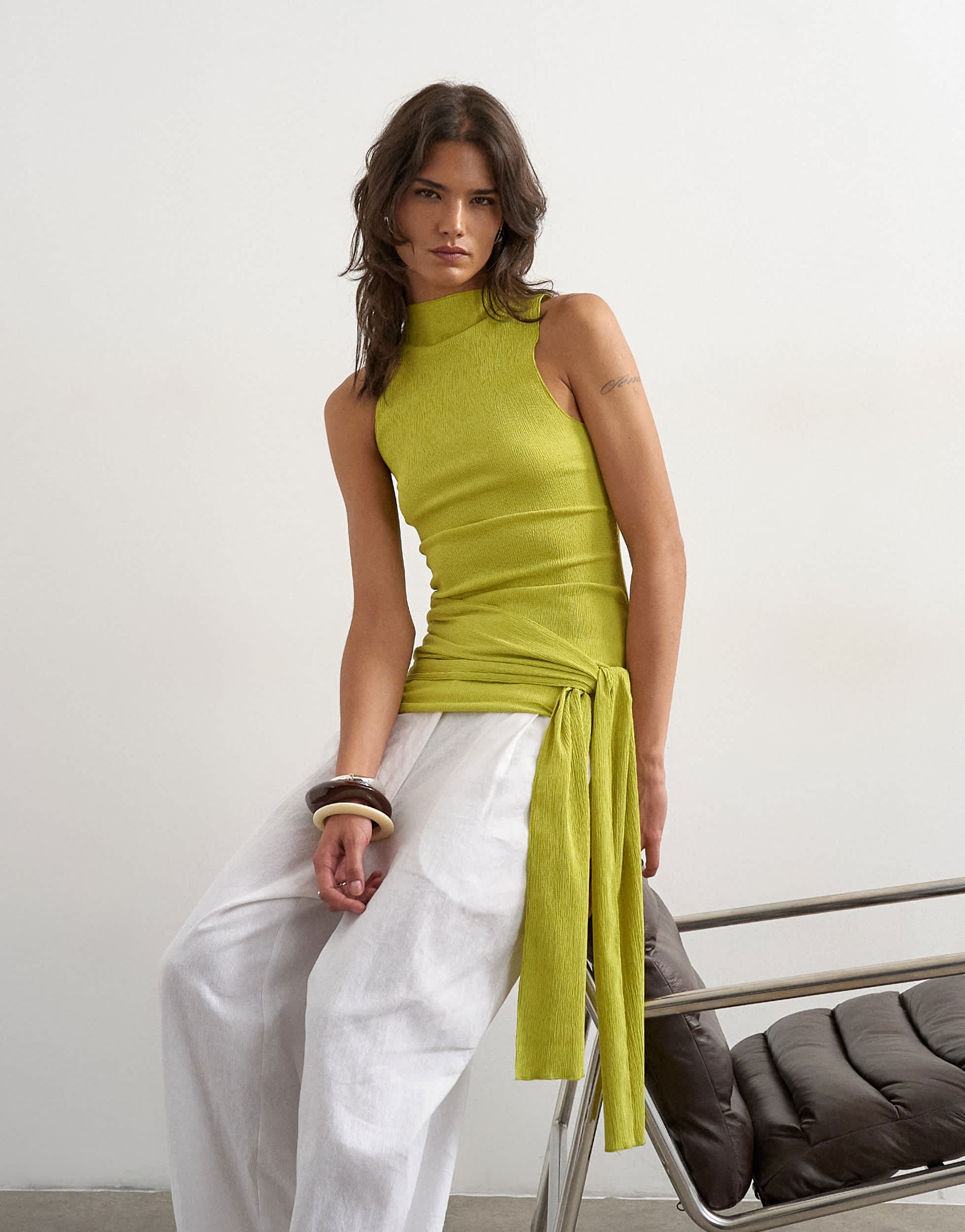 Topshop high neck top with tie detail in green