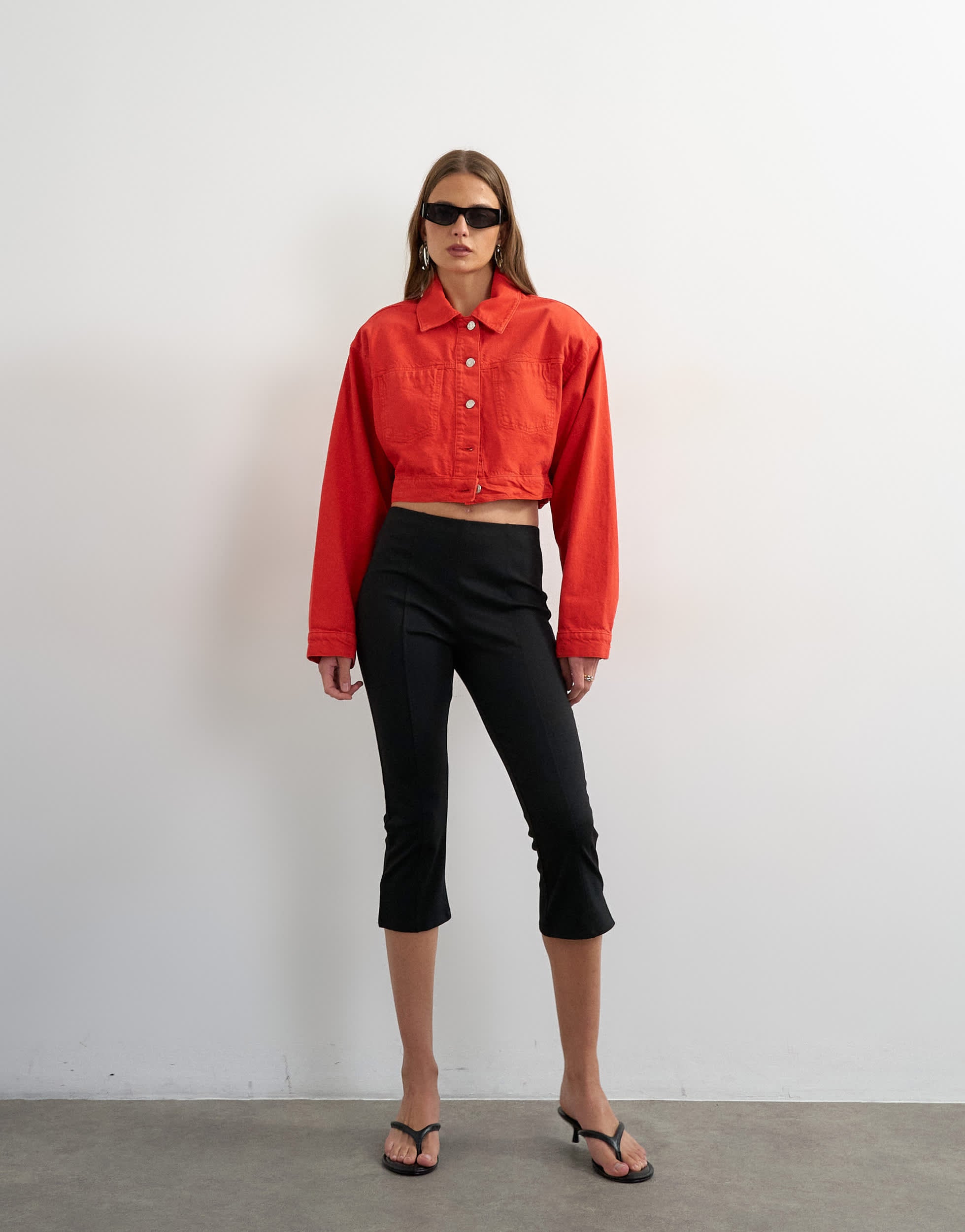 Topshop denim cropped shoulder pad jacket in red