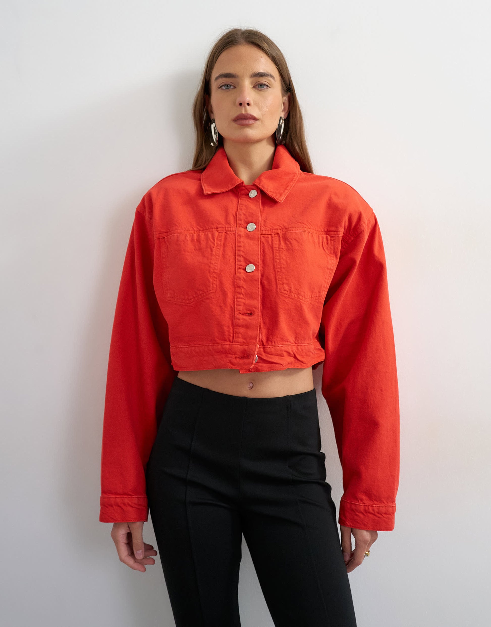 Topshop denim cropped shoulder pad jacket in red