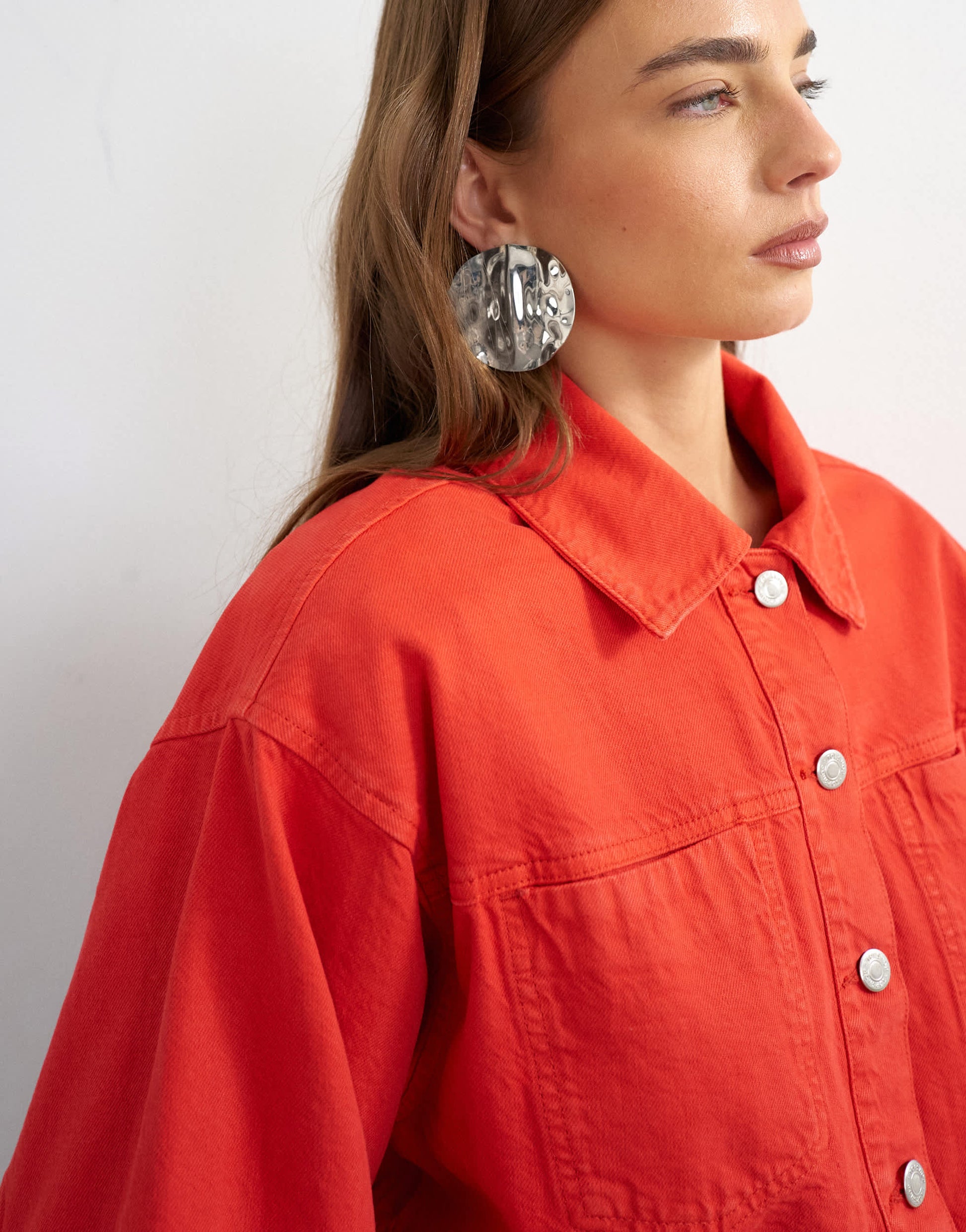 Topshop denim cropped shoulder pad jacket in red