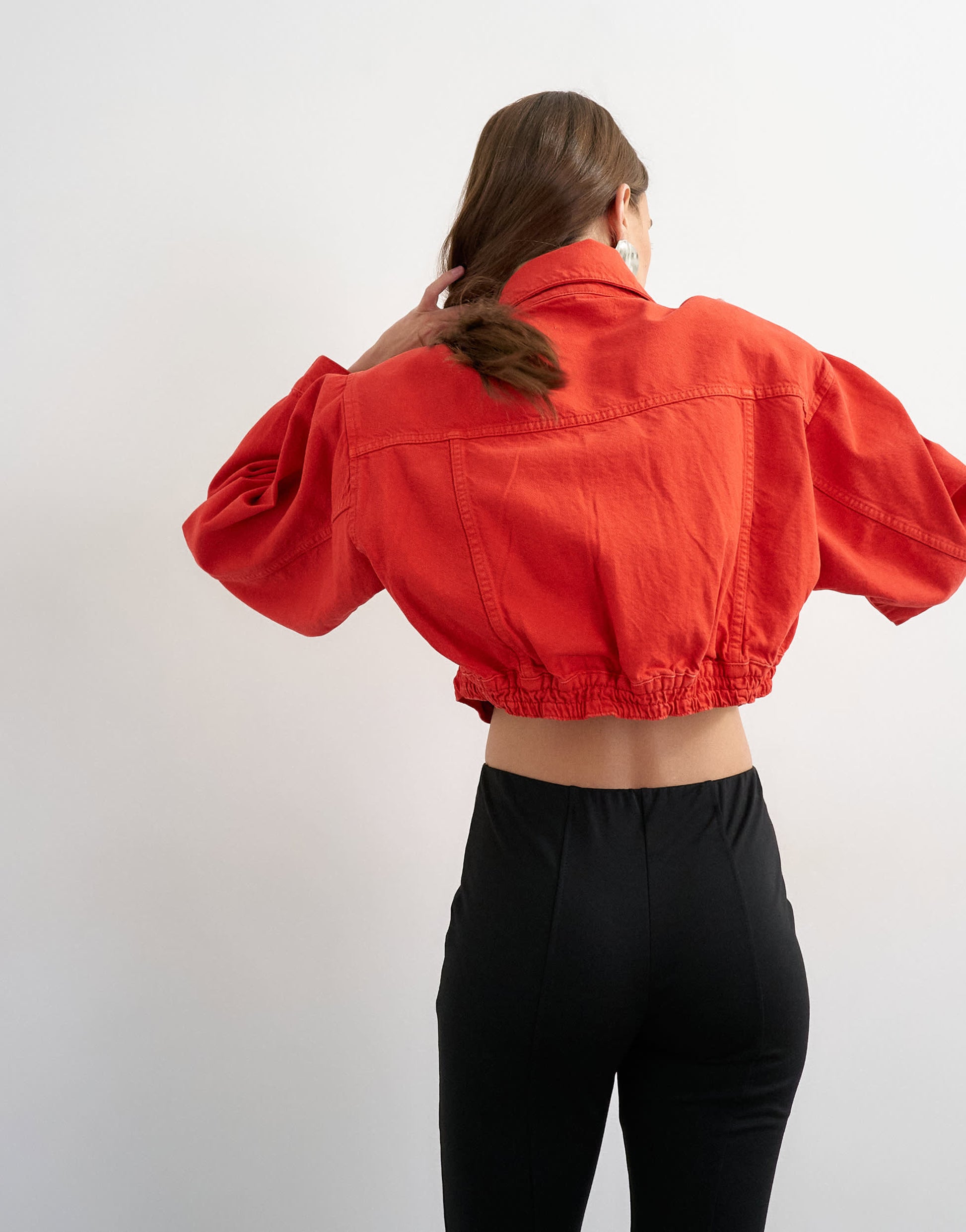 Topshop denim cropped shoulder pad jacket in red