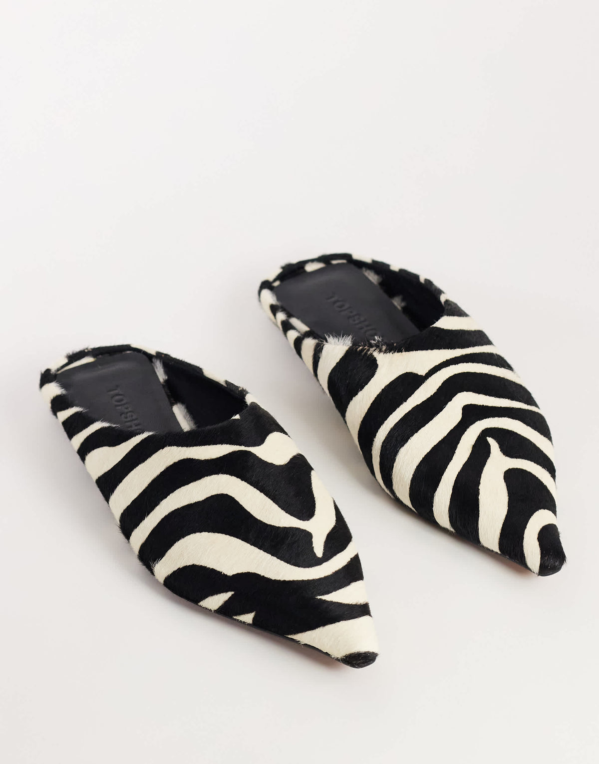 Topshop Dawn flat pointed shoe in zebra print hair on real leather