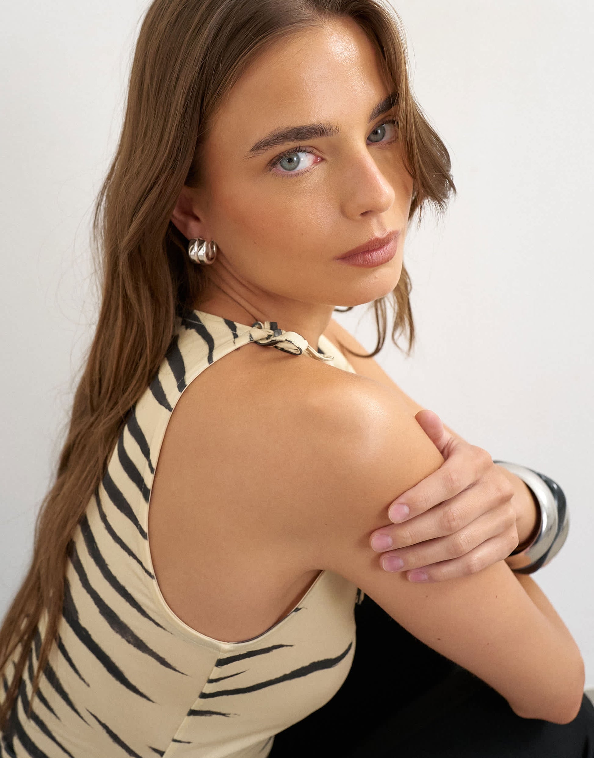 Topshop printed microfibre fold over tie shoulder top in zebra