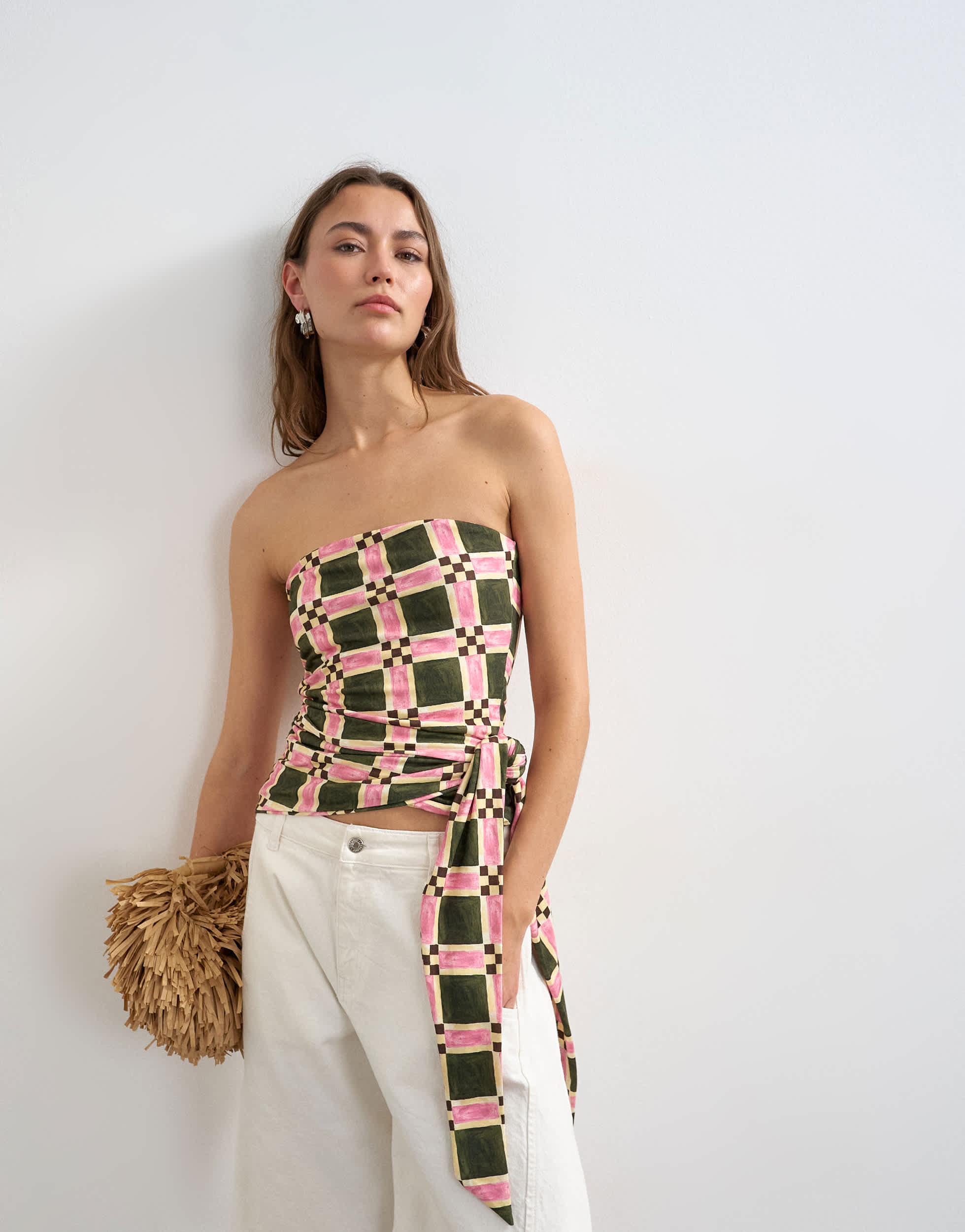 Topshop check print tie detail bandeau top in green