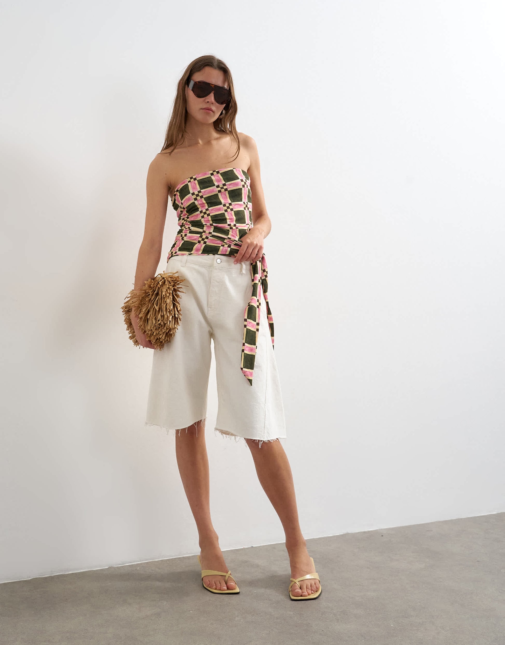 Topshop check print tie detail bandeau top in green