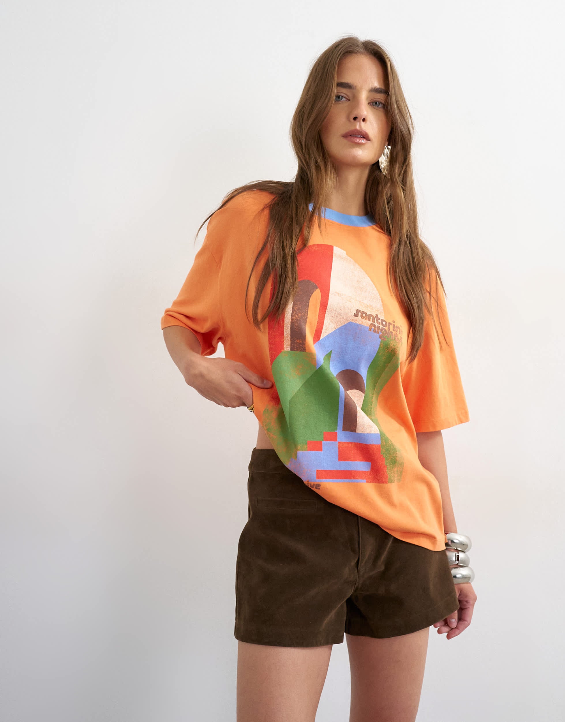 Topshop 'Santorini Nights' graphic oversized tee in orange