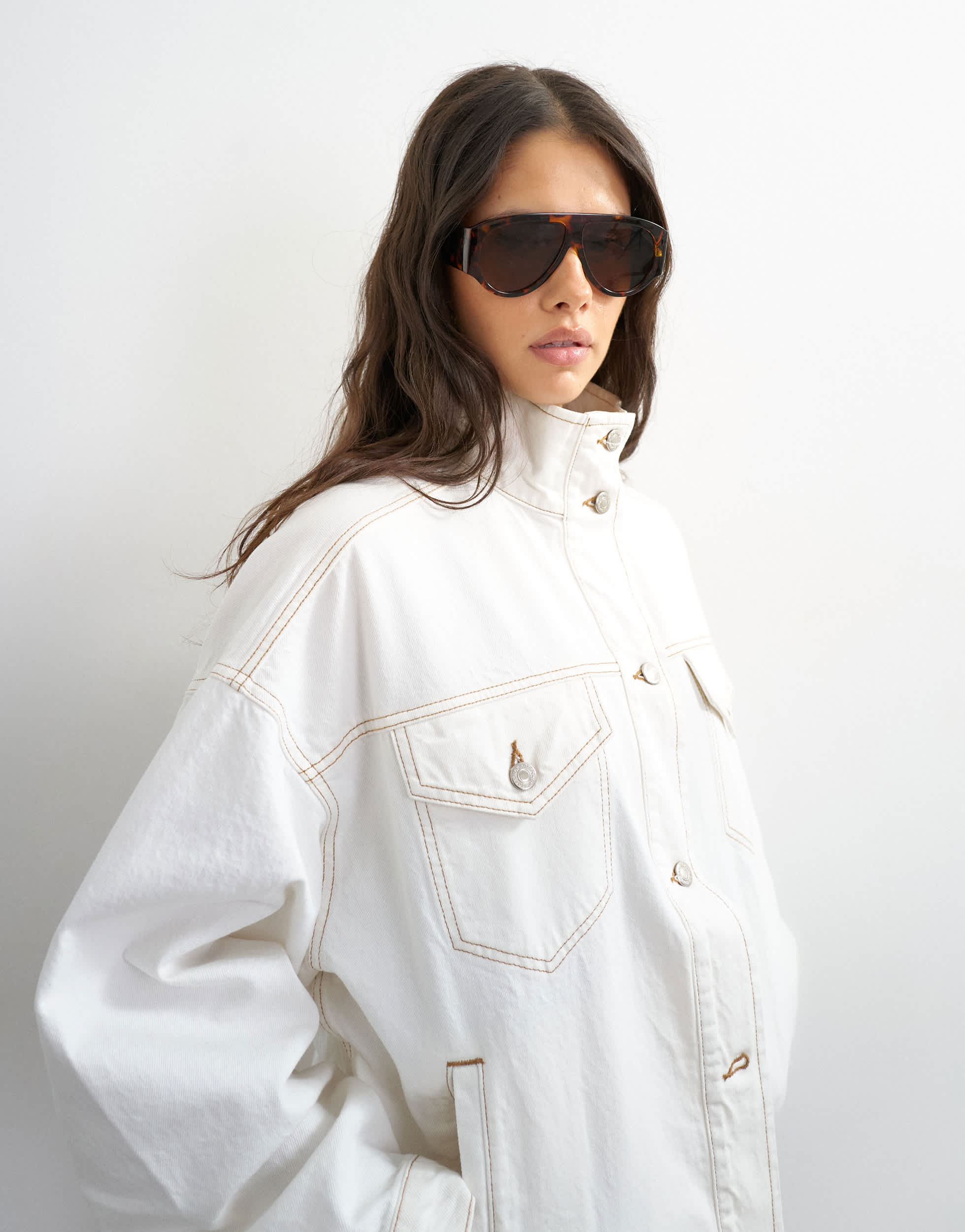 Topshop denim funnel neck elastic hem detail jacket in bone