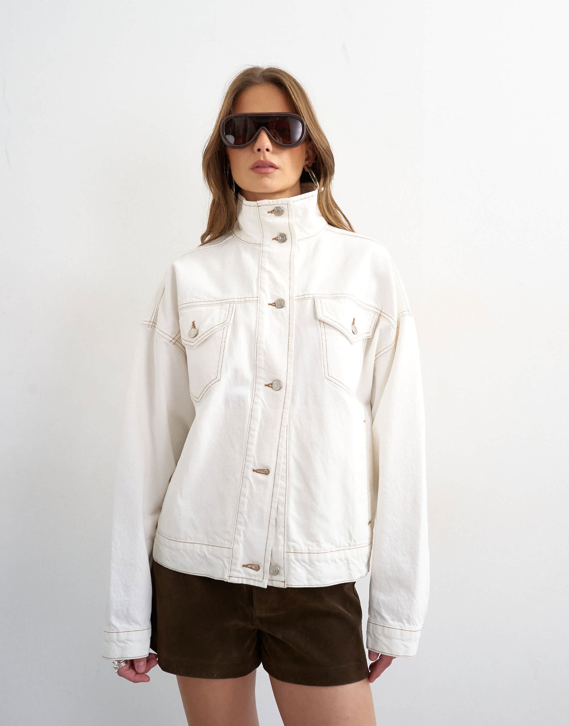 Topshop denim funnel neck elastic hem detail jacket in bone