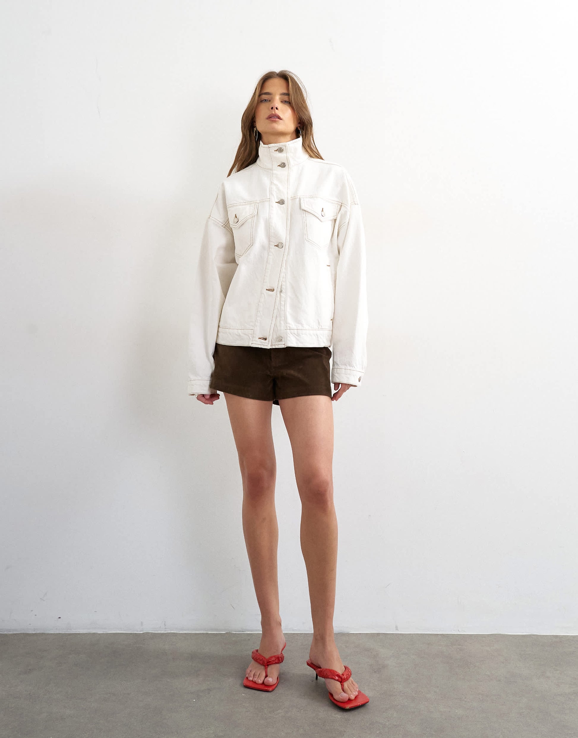 Topshop denim funnel neck elastic hem detail jacket in bone