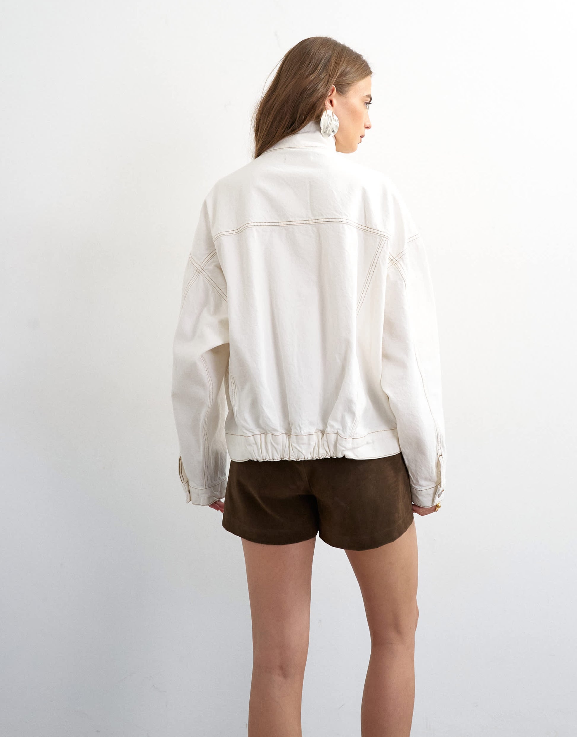 Topshop denim funnel neck elastic hem detail jacket in bone