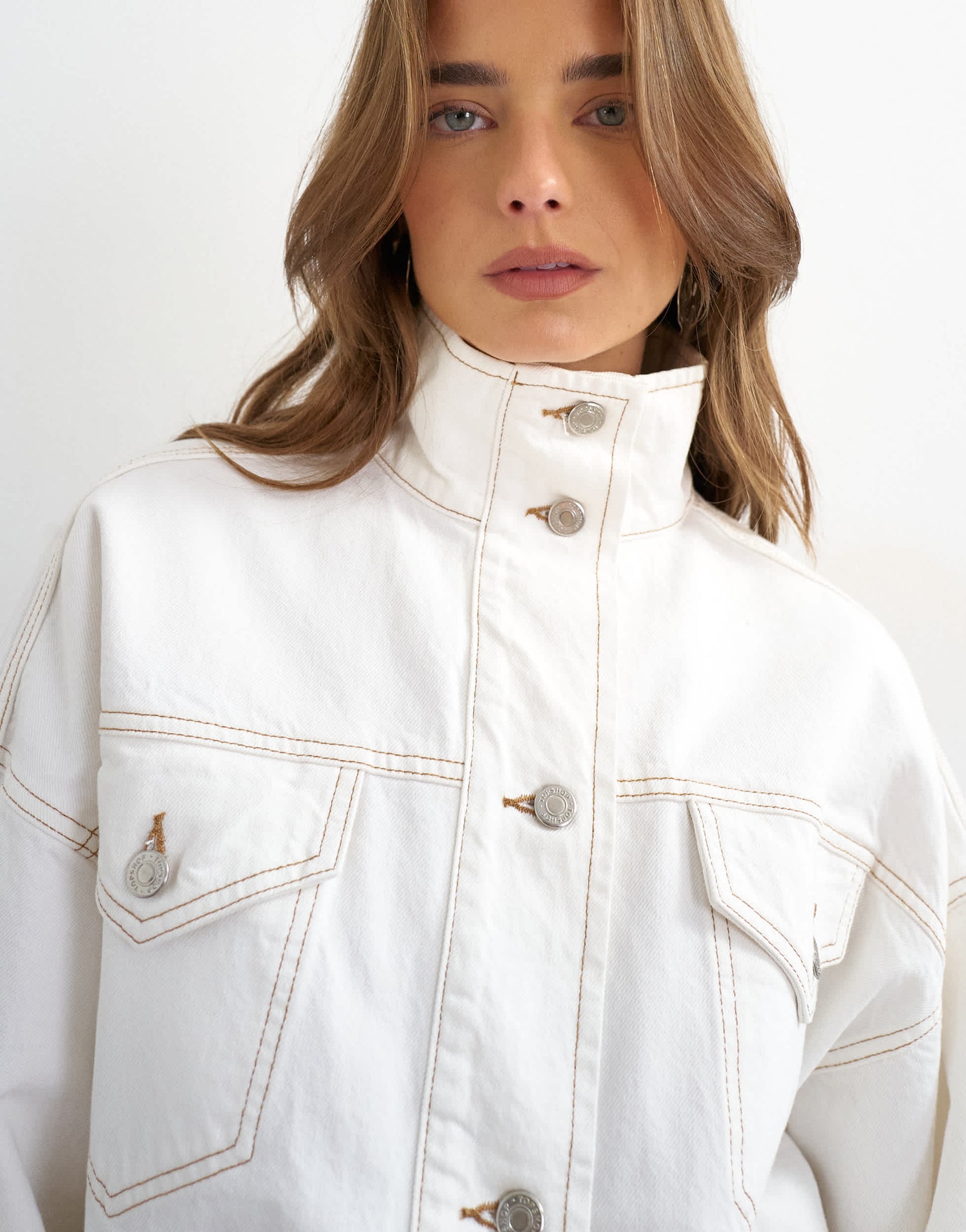 Topshop denim funnel neck elastic hem detail jacket in bone