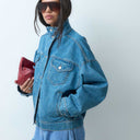 Topshop denim funnel neck elastic hem detail jacket in bleach