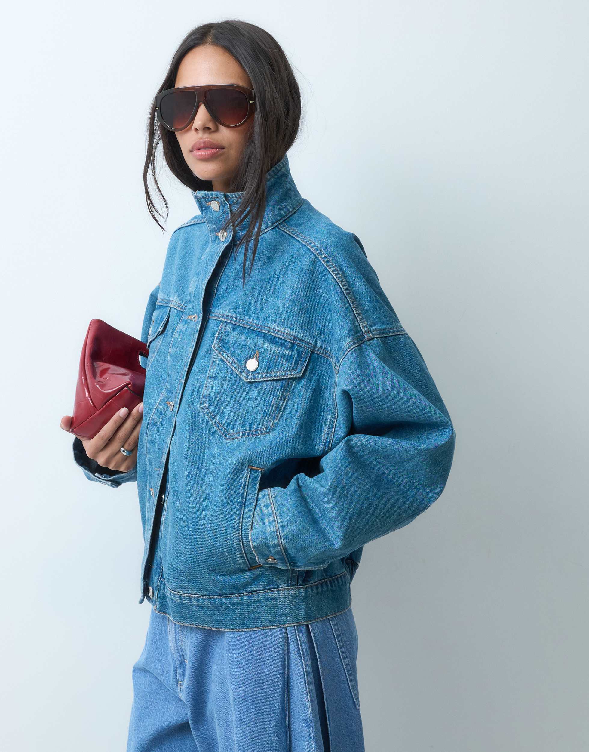 Topshop denim funnel neck elastic hem detail jacket in bleach