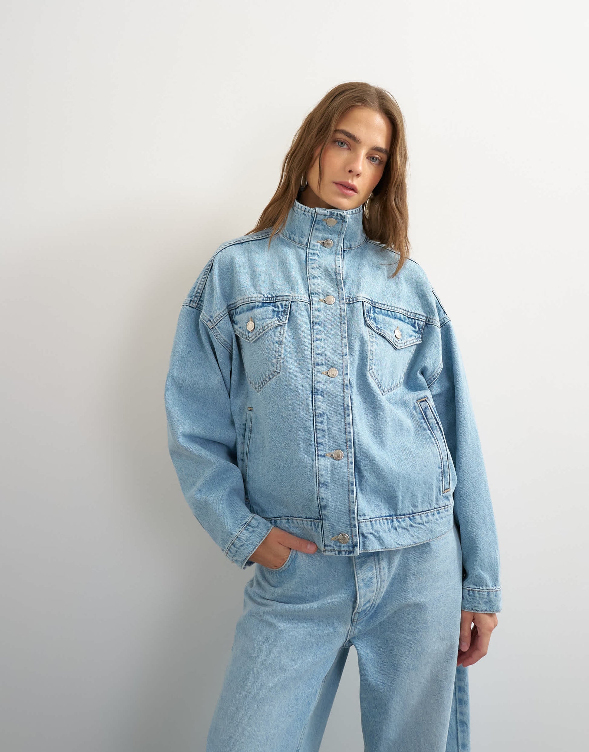 Topshop denim funnel neck elastic hem detail jacket in bleach