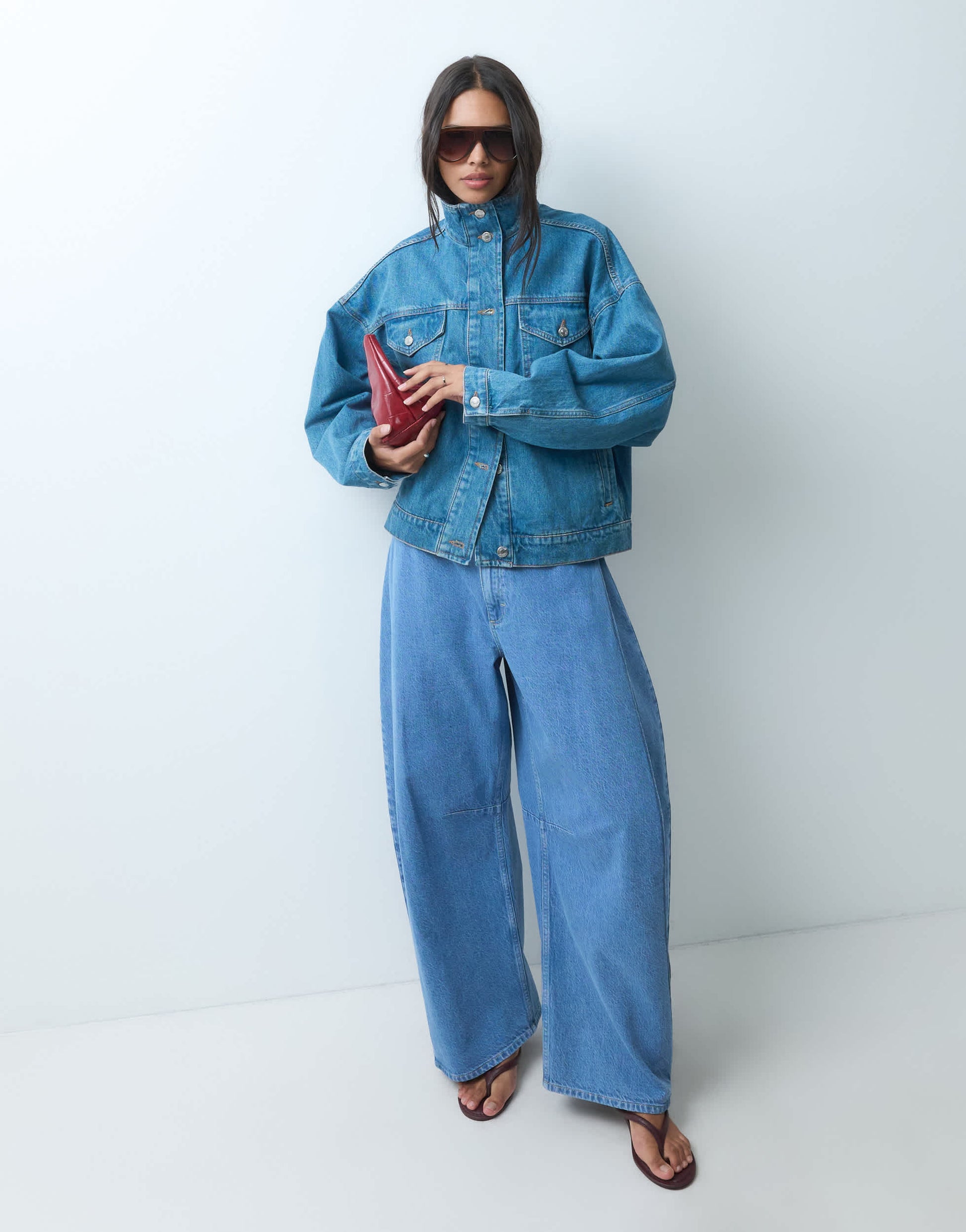 Topshop denim funnel neck elastic hem detail jacket in bleach