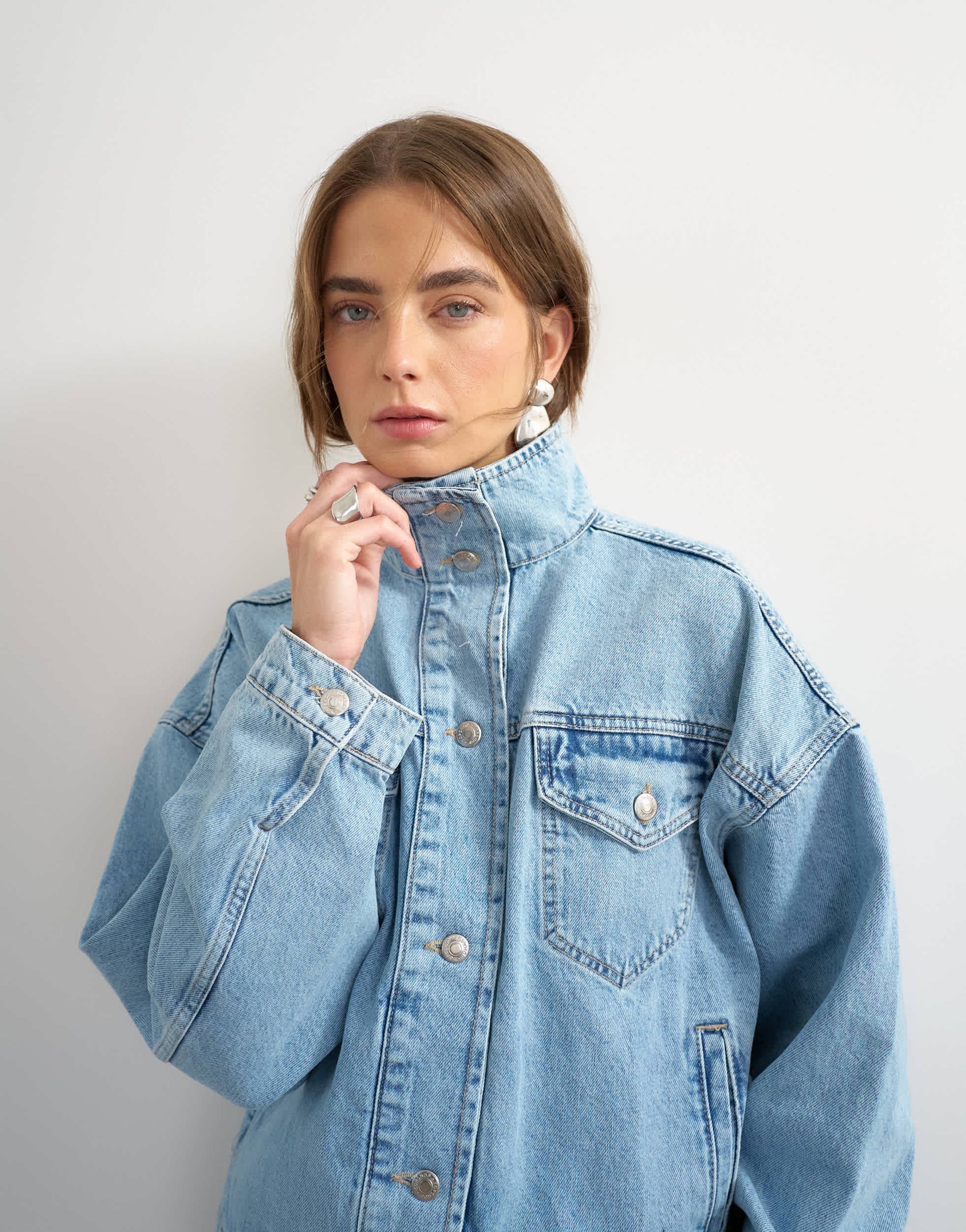 Topshop denim funnel neck elastic hem detail jacket in bleach