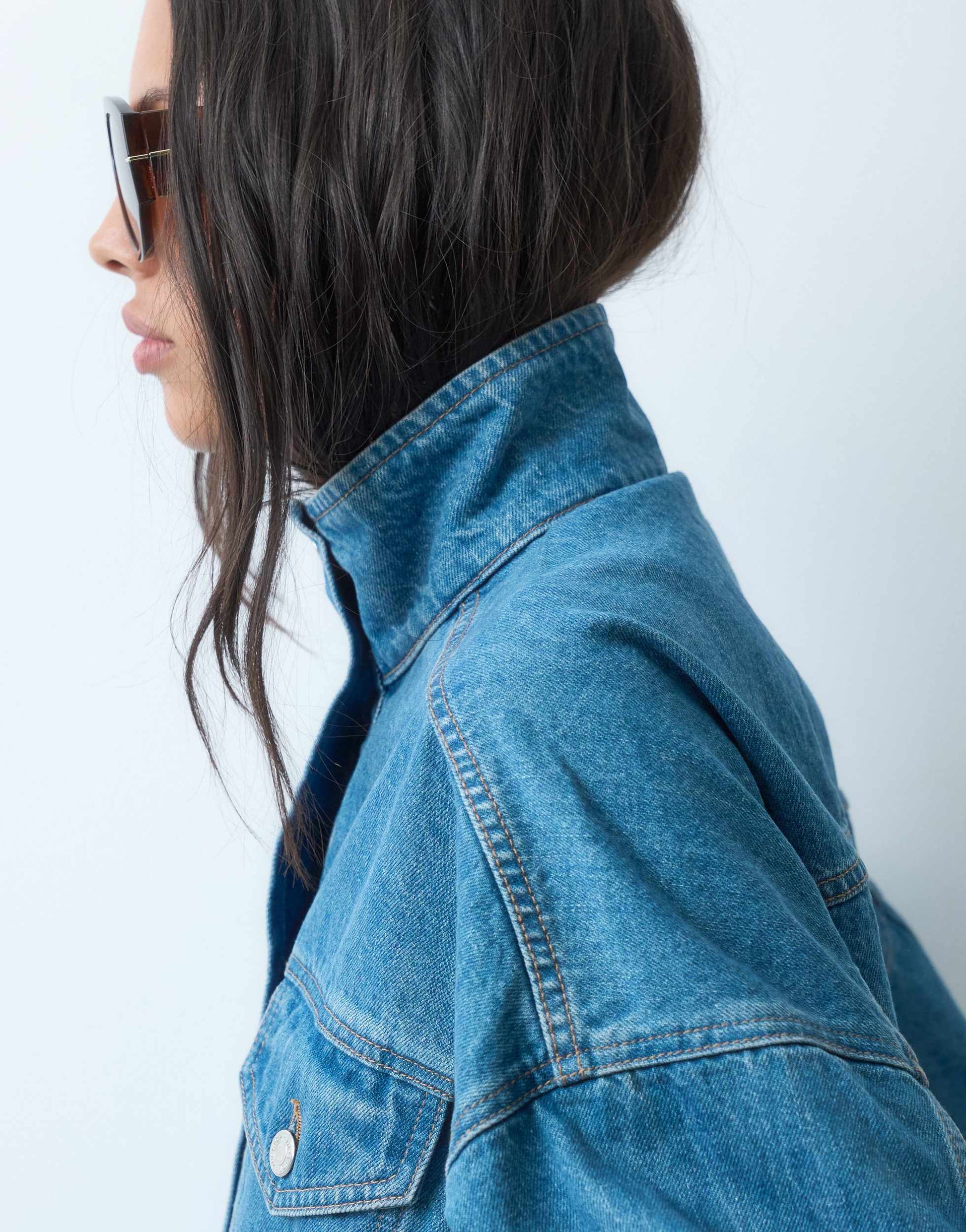 Topshop denim funnel neck elastic hem detail jacket in bleach