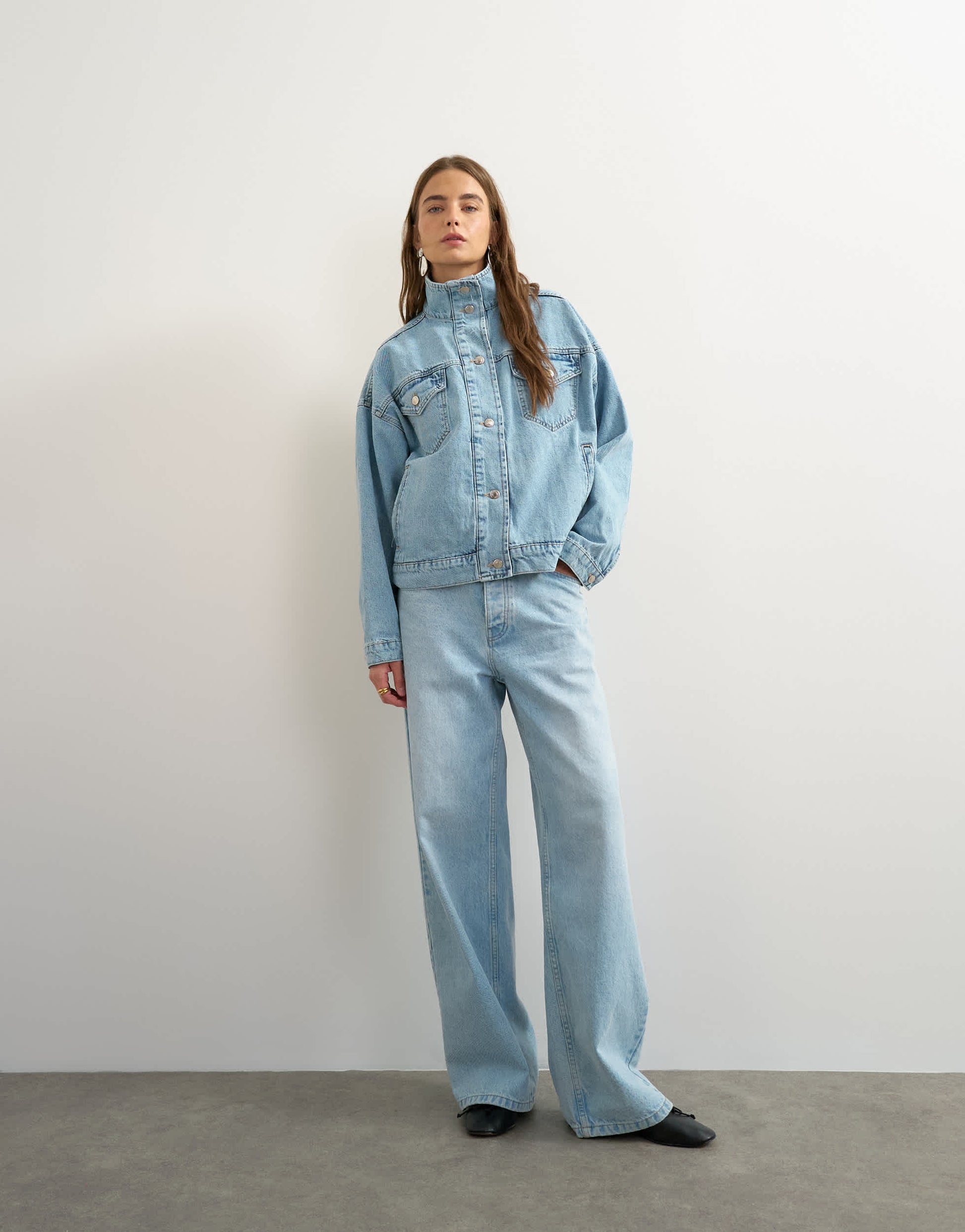 Topshop denim funnel neck elastic hem detail jacket in bleach