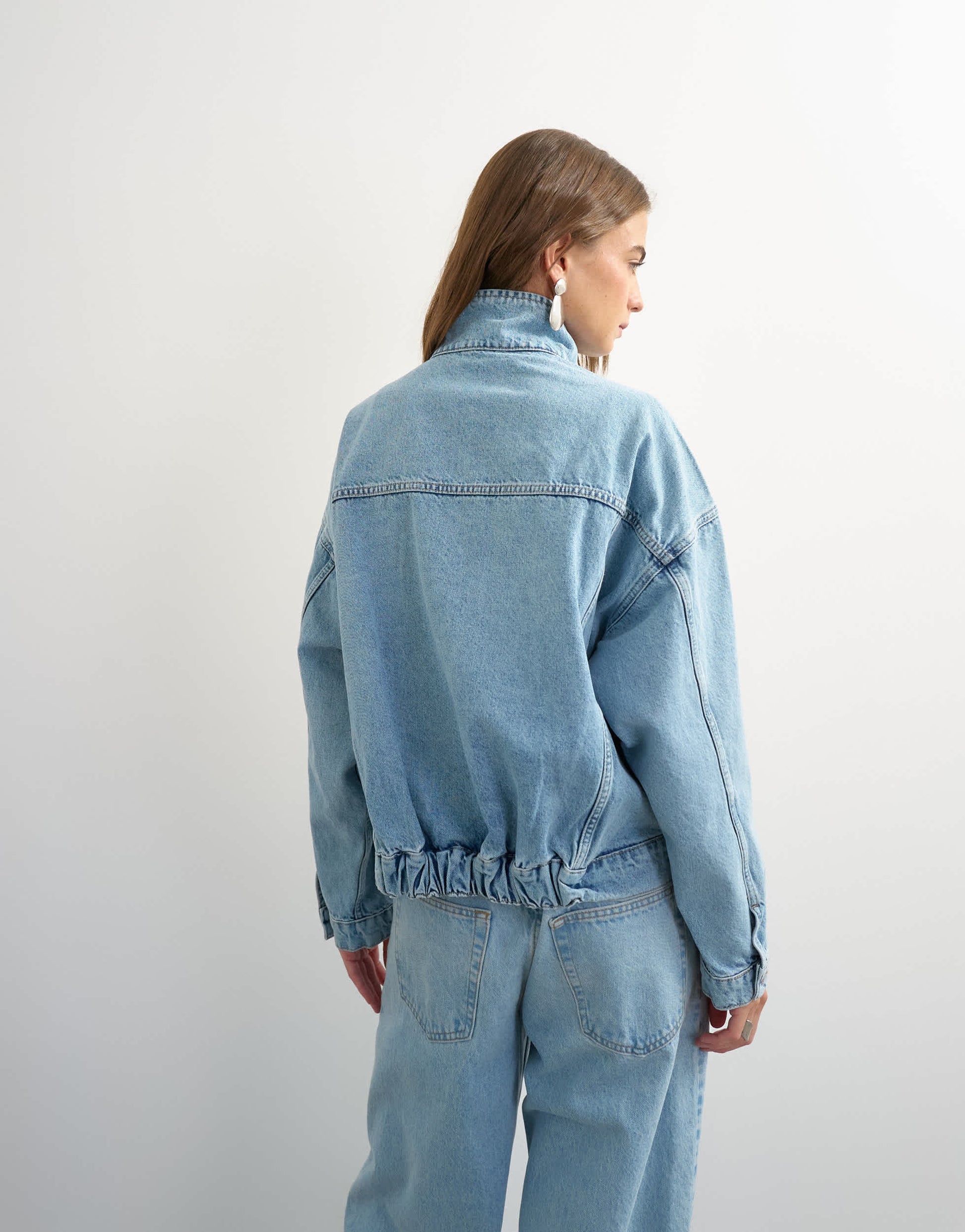 Topshop denim funnel neck elastic hem detail jacket in bleach