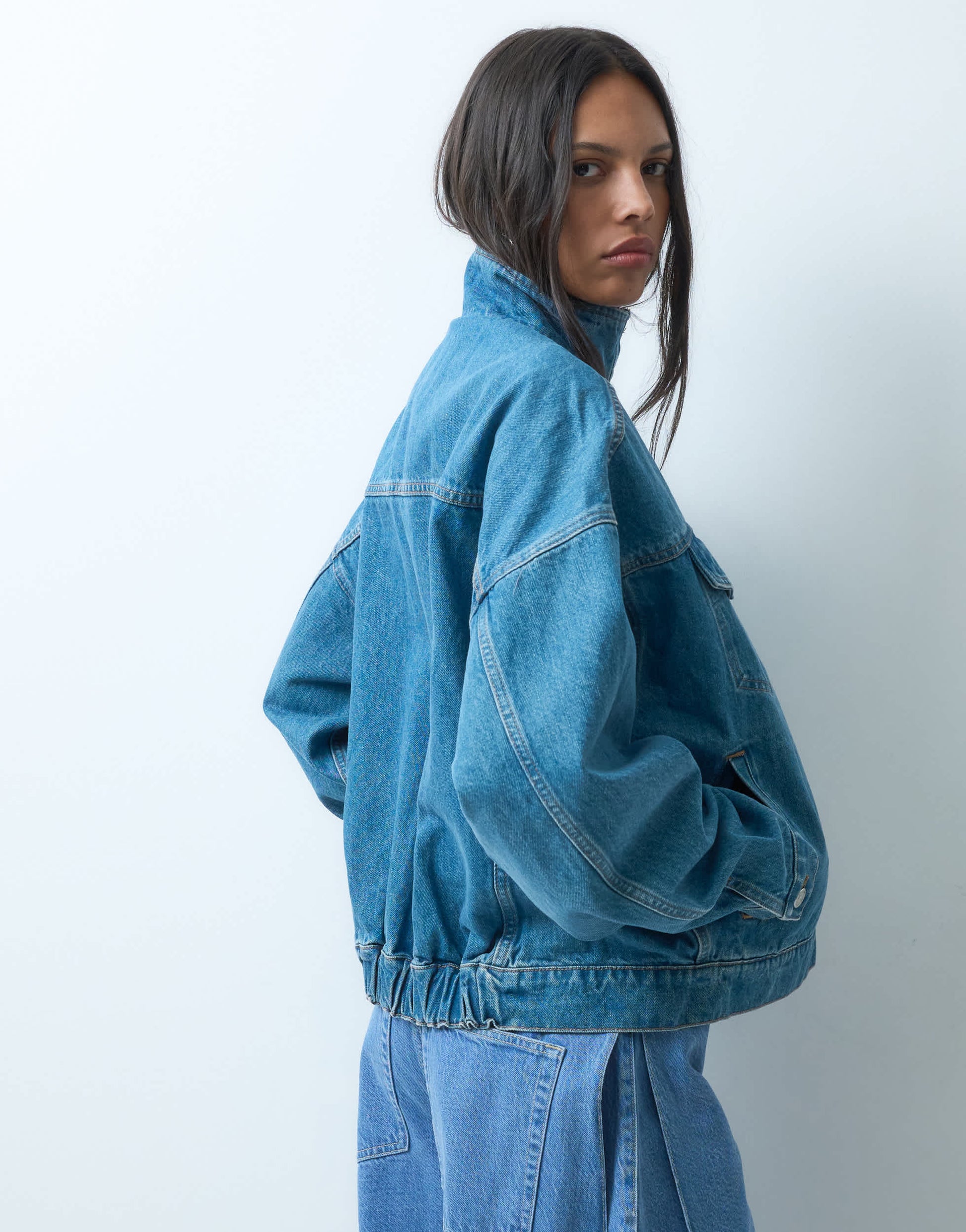 Topshop denim funnel neck elastic hem detail jacket in bleach