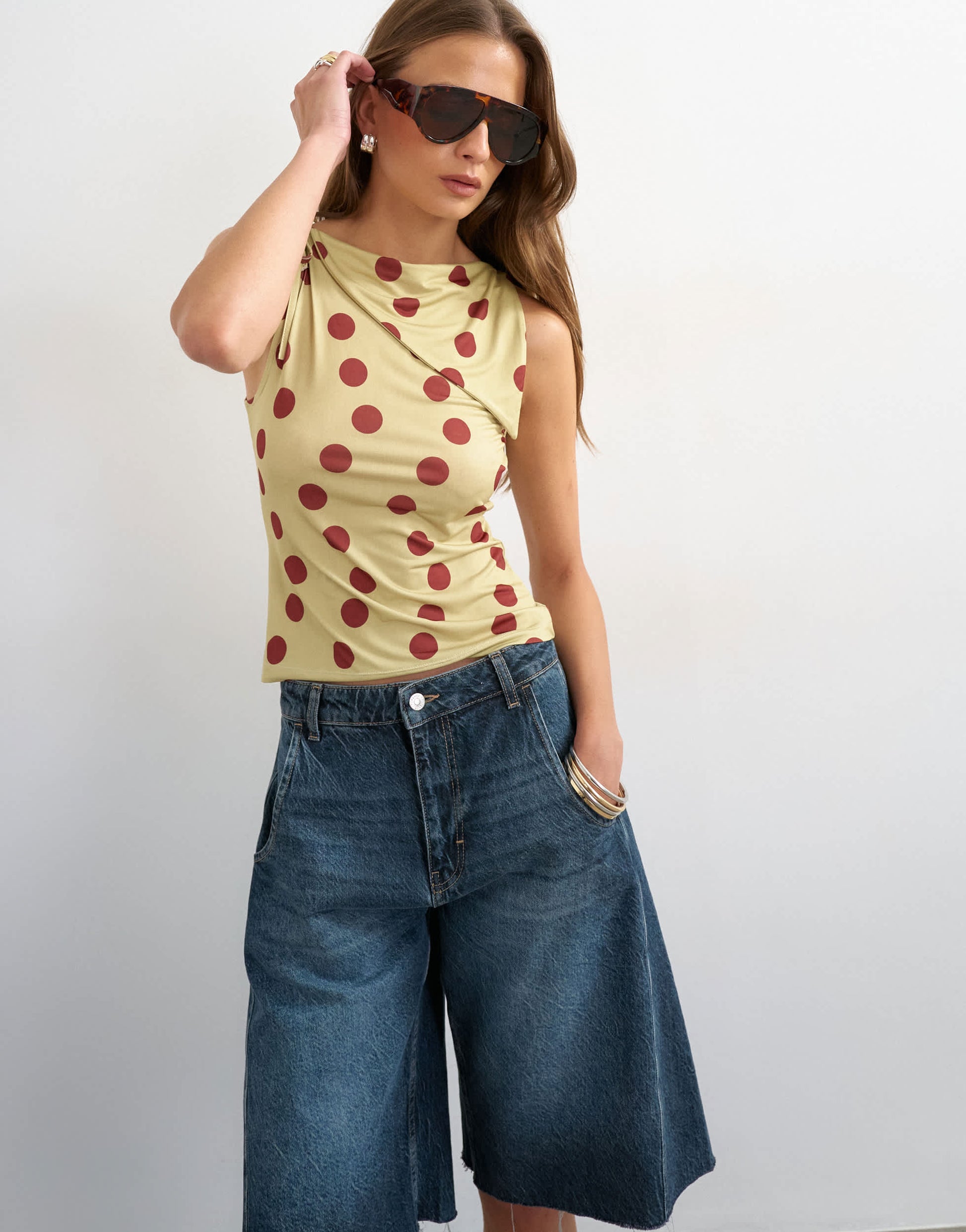 Topshop polka dot microfibre fold over tie shoulder top in green
