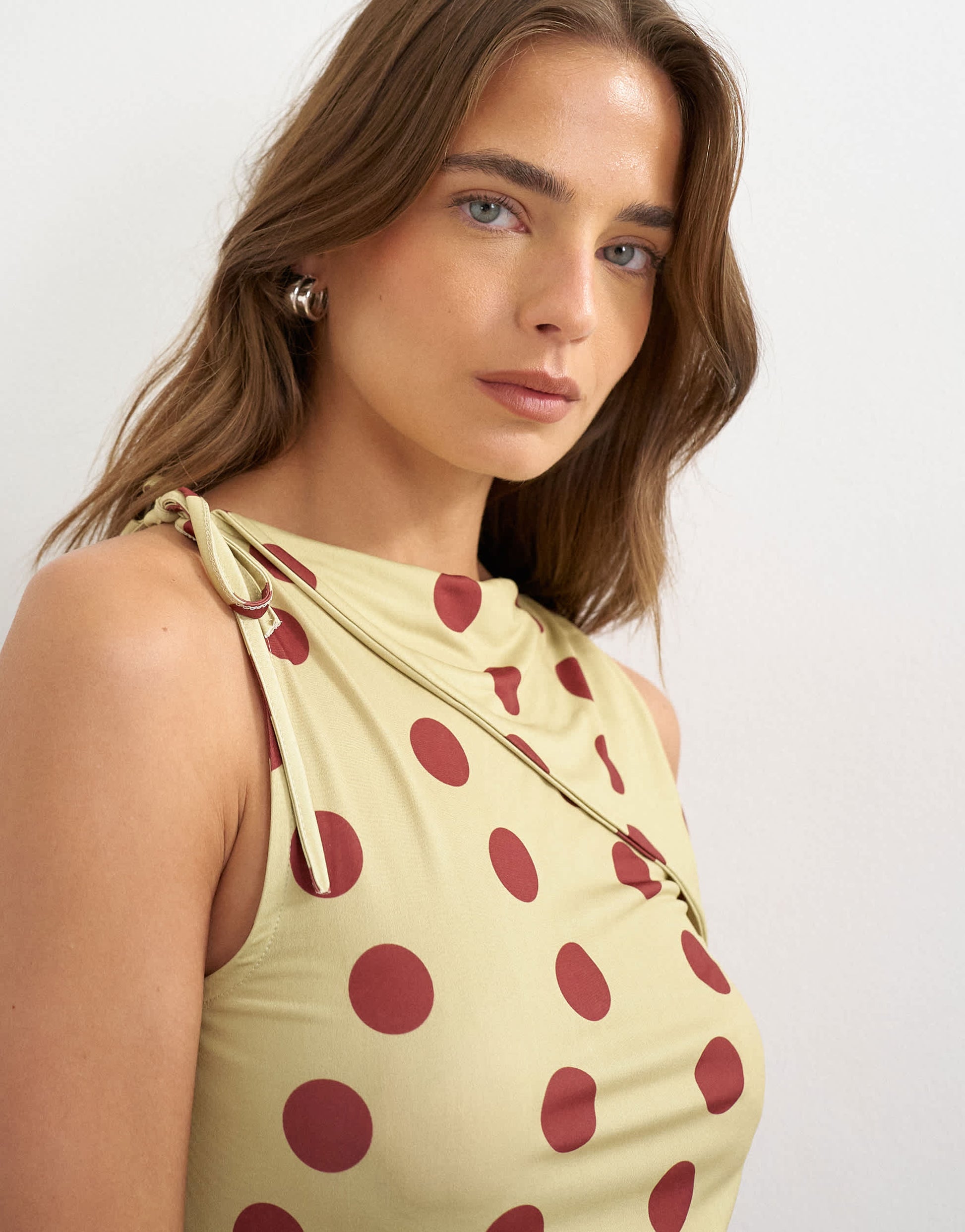 Topshop polka dot microfibre fold over tie shoulder top in green