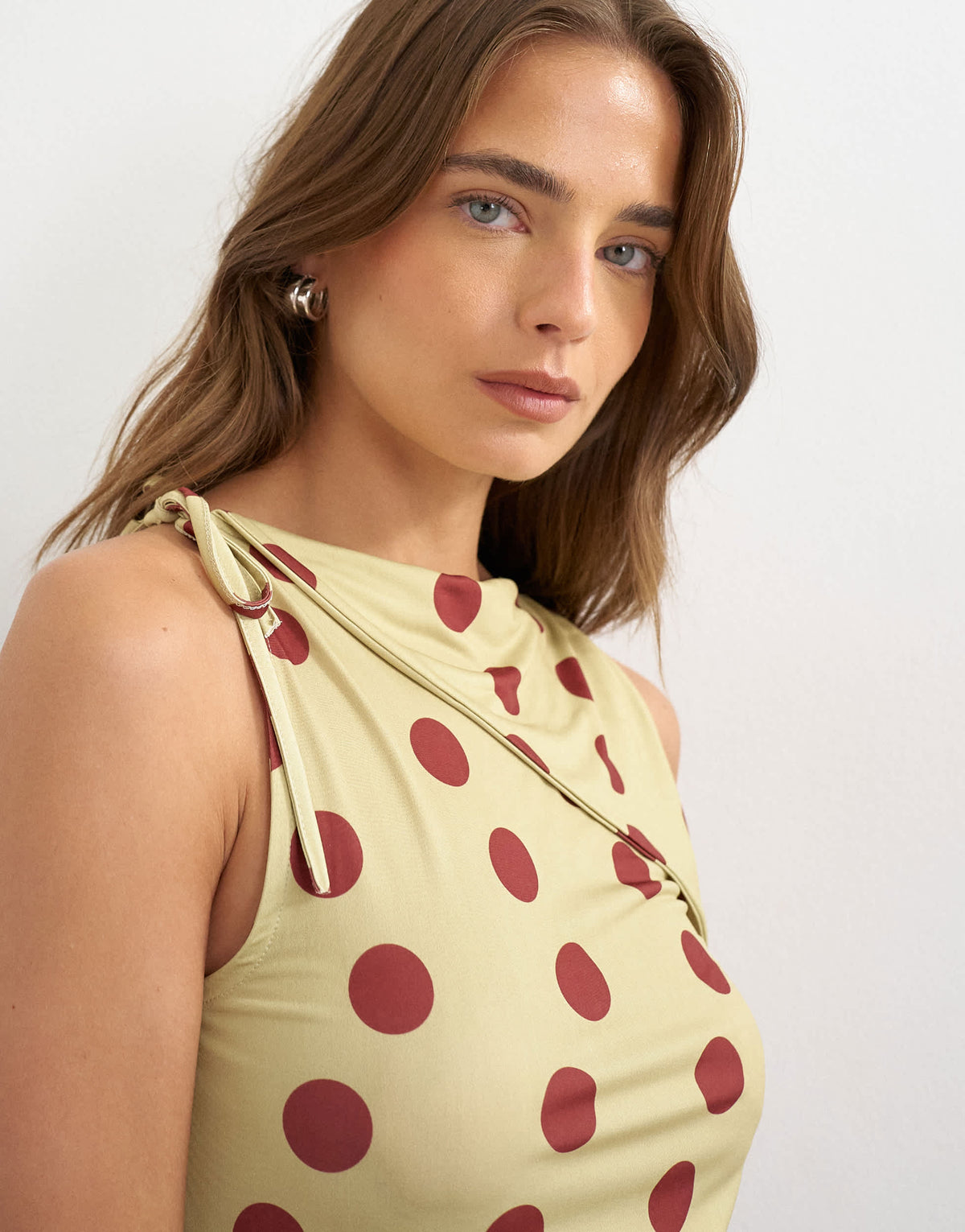 Topshop polka dot microfibre fold over tie shoulder top in green