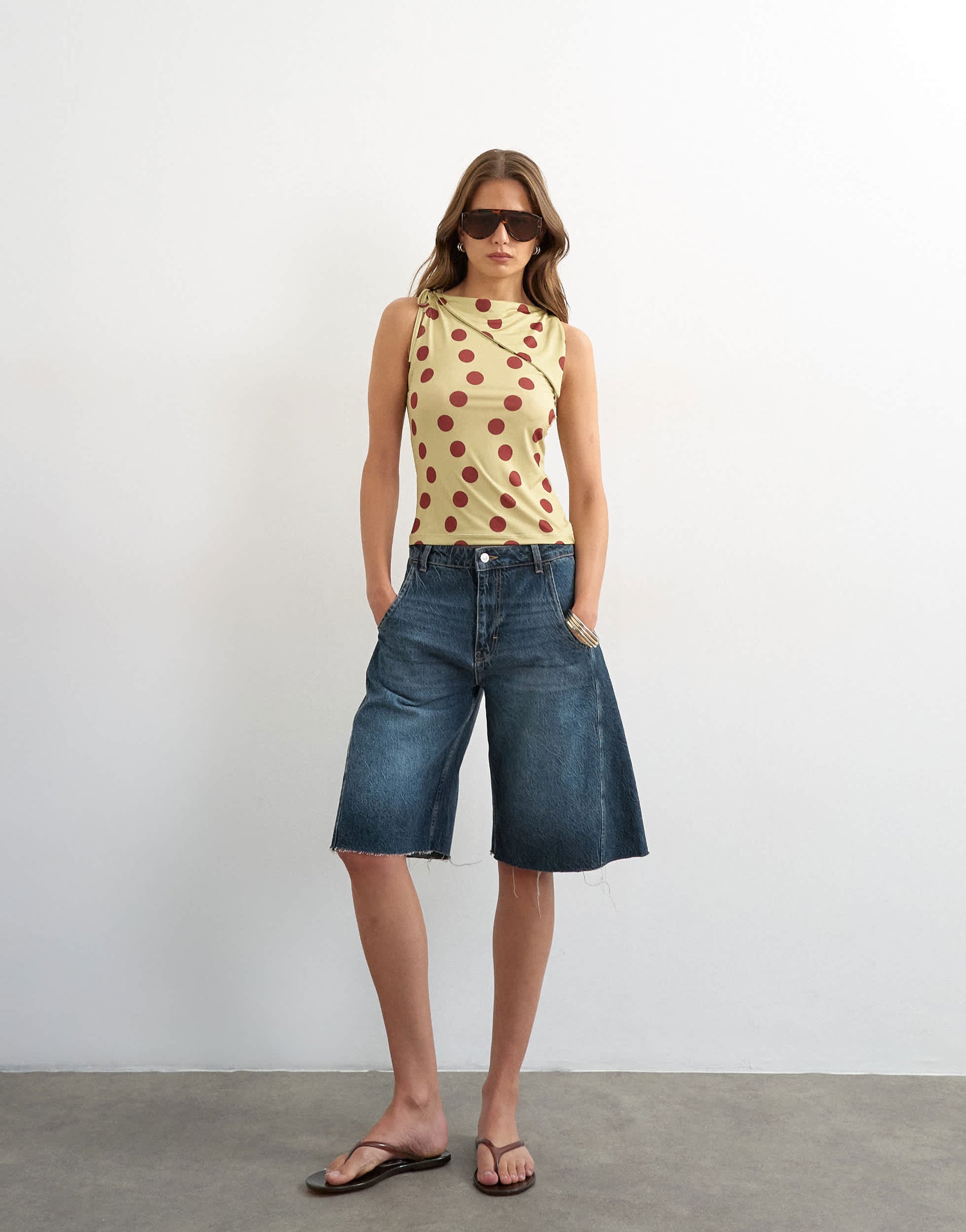 Topshop polka dot microfibre fold over tie shoulder top in green
