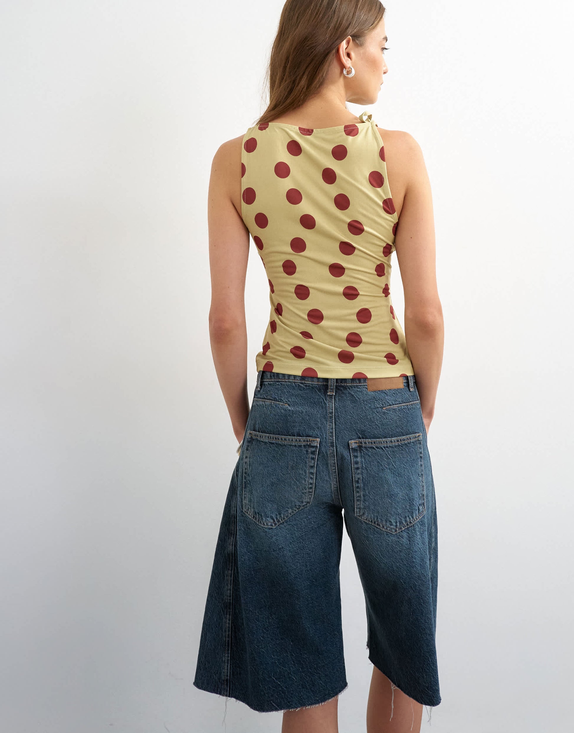 Topshop polka dot microfibre fold over tie shoulder top in green