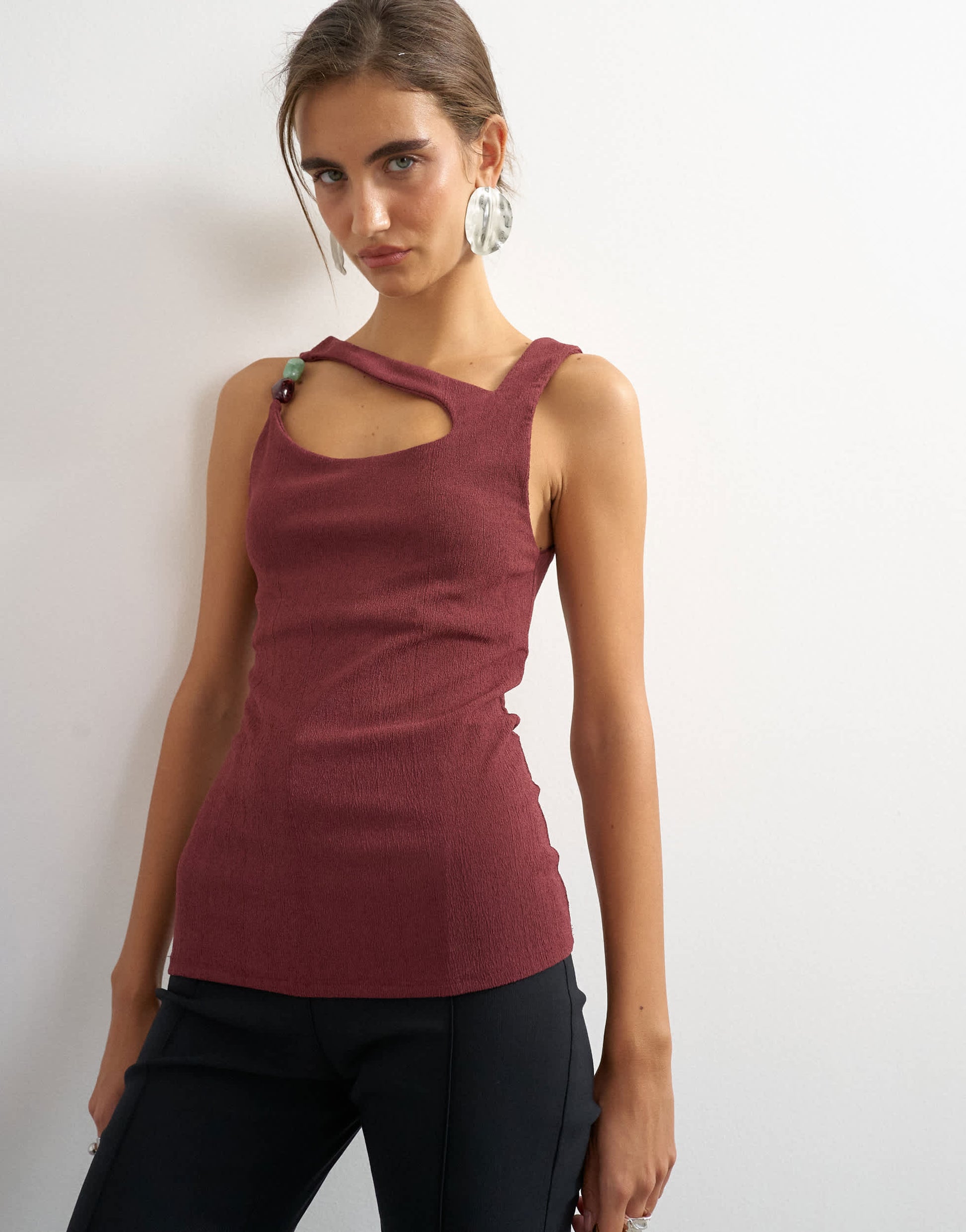 Topshop asymmetric detail beaded tank in mahogony