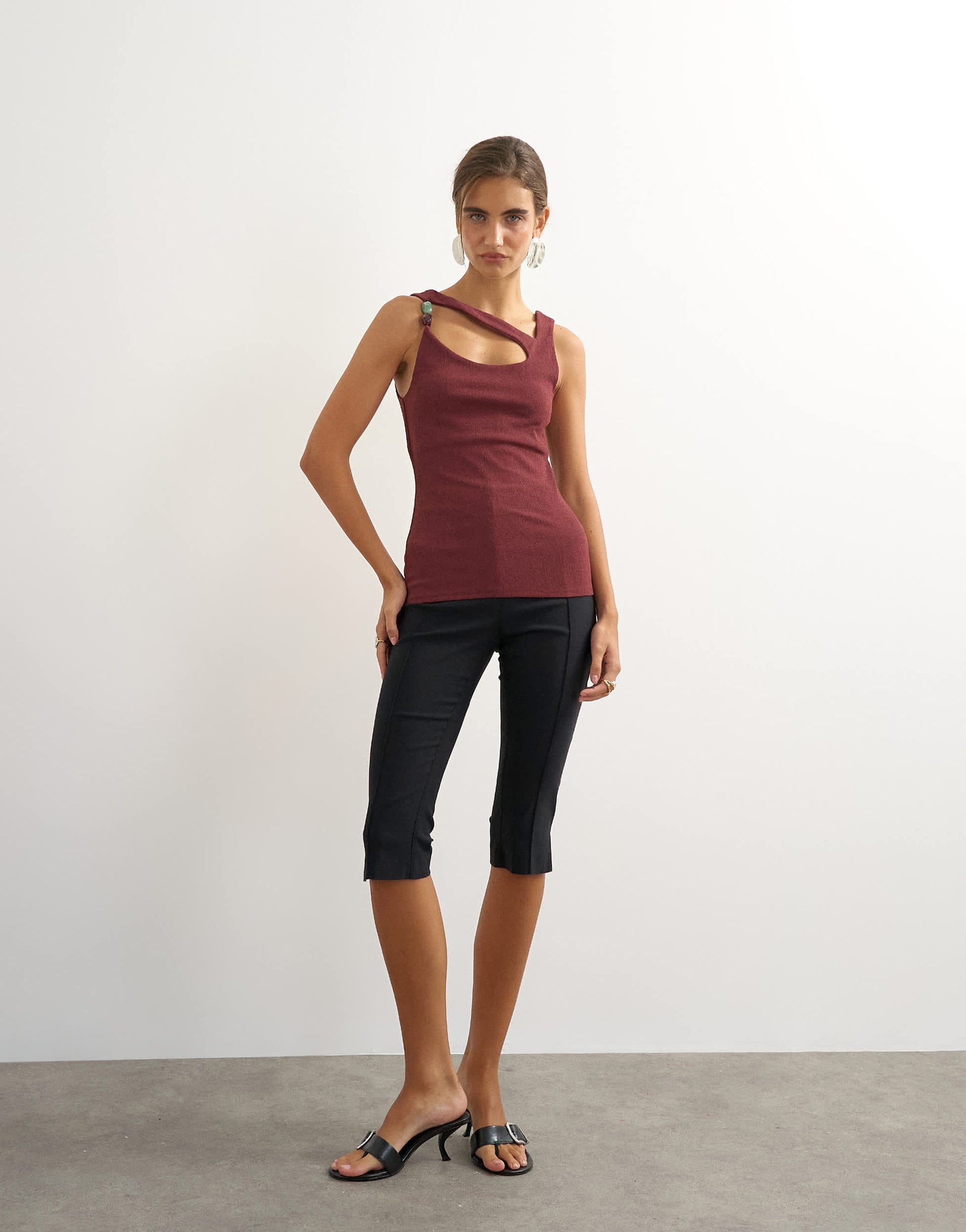 Topshop asymmetric detail beaded tank in mahogony