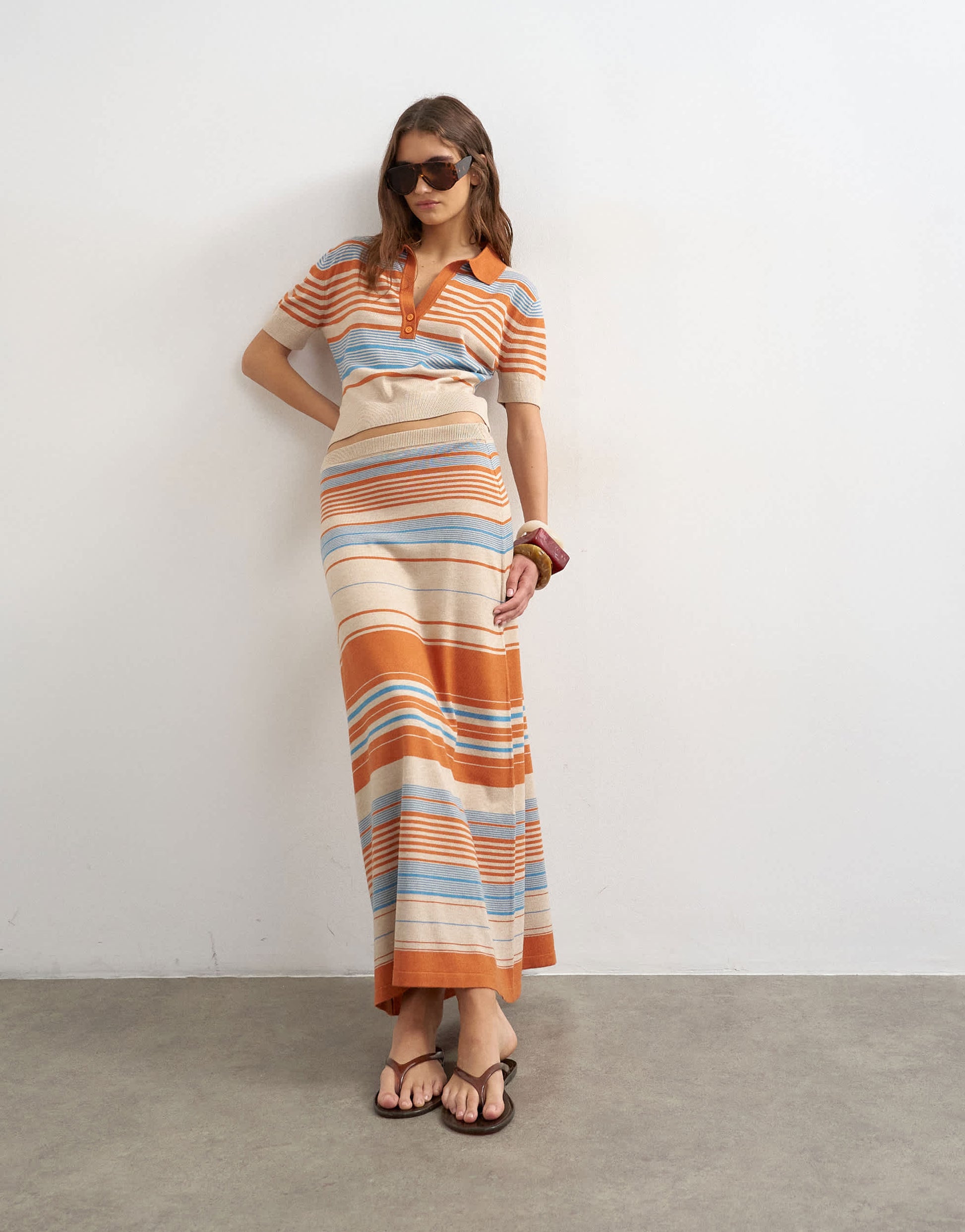Topshop knitted maxi stripe skirt co-ord in blue multi