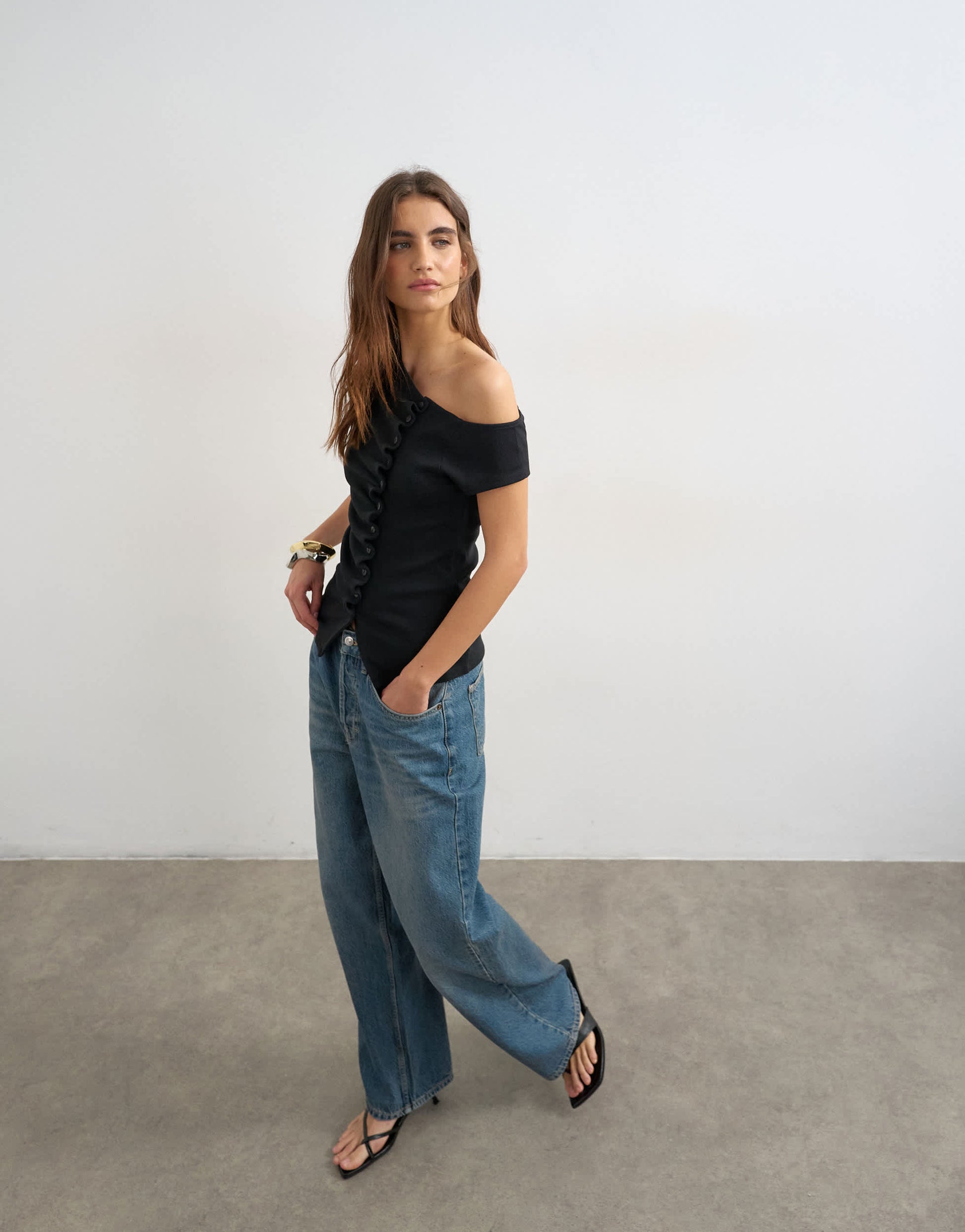 Topshop bardot button through top in black