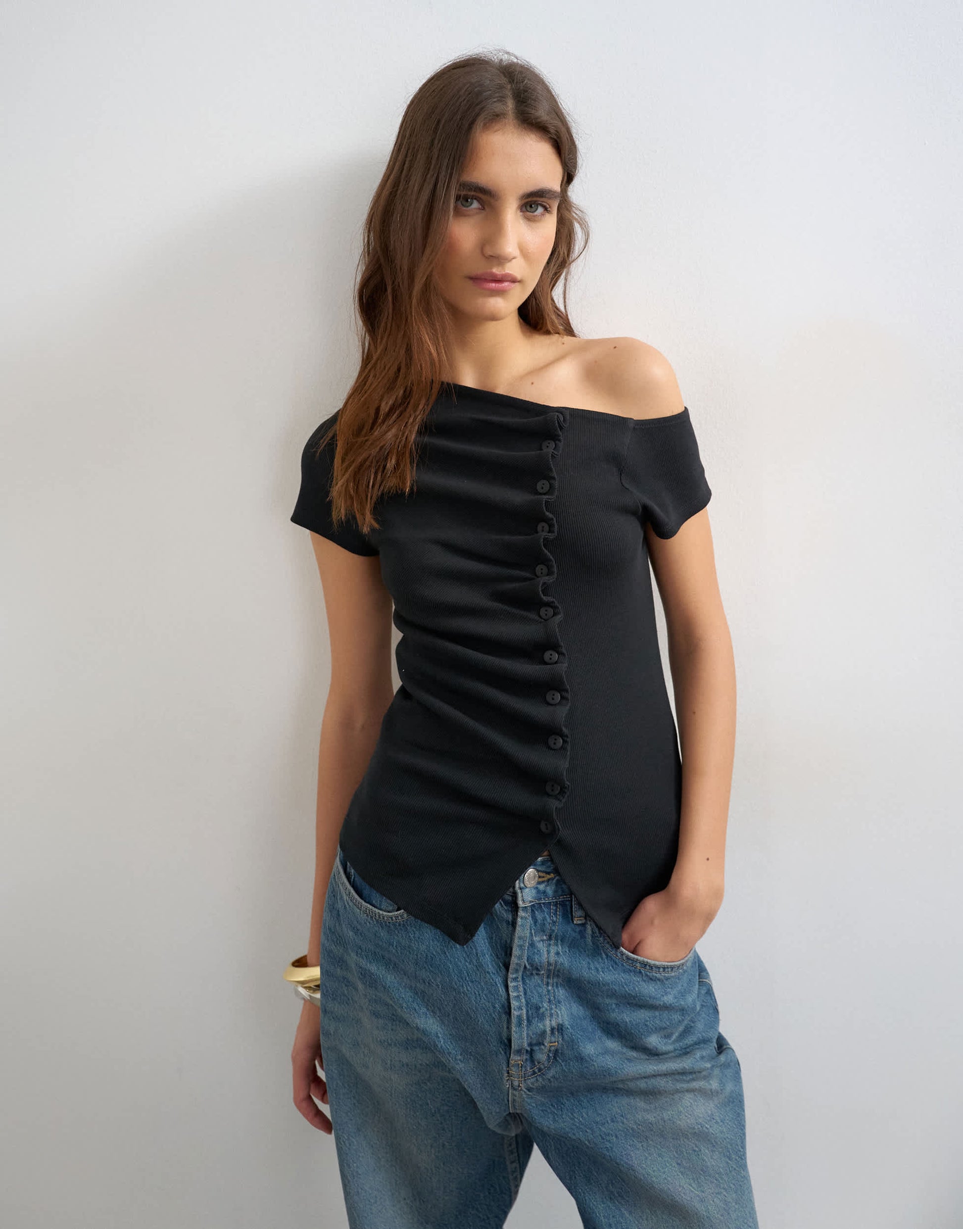Topshop bardot button through top in black