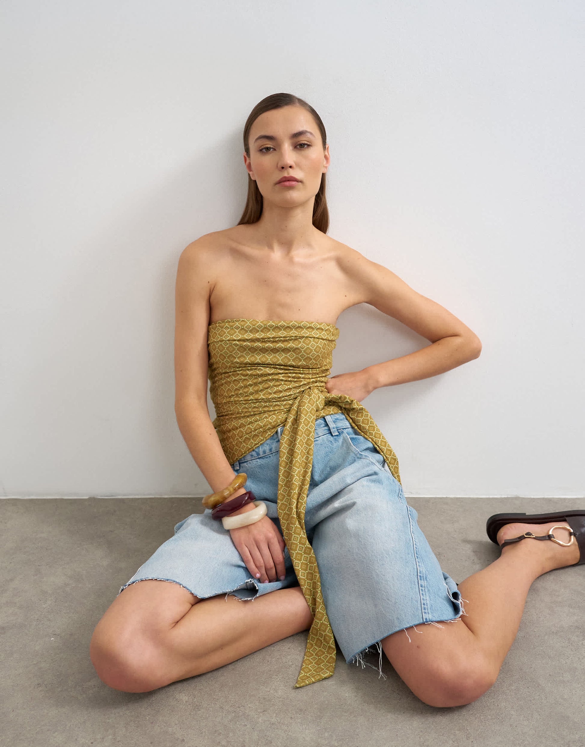 Topshop tile print tie detail bandeau top in green