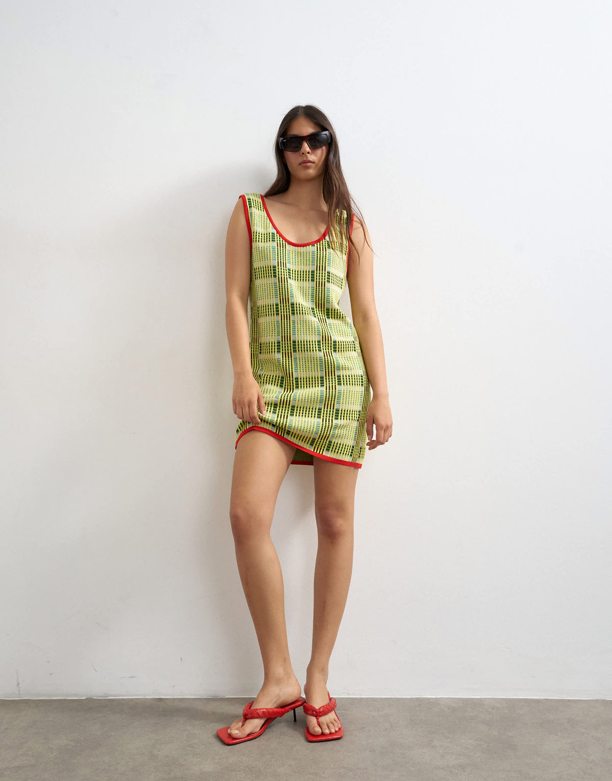 Topshop knitted sleeveless check mini dress in green