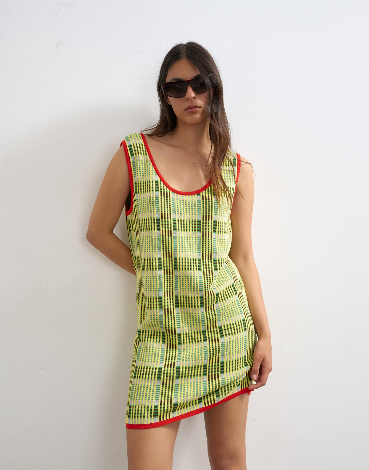 Topshop knitted sleeveless check mini dress in green