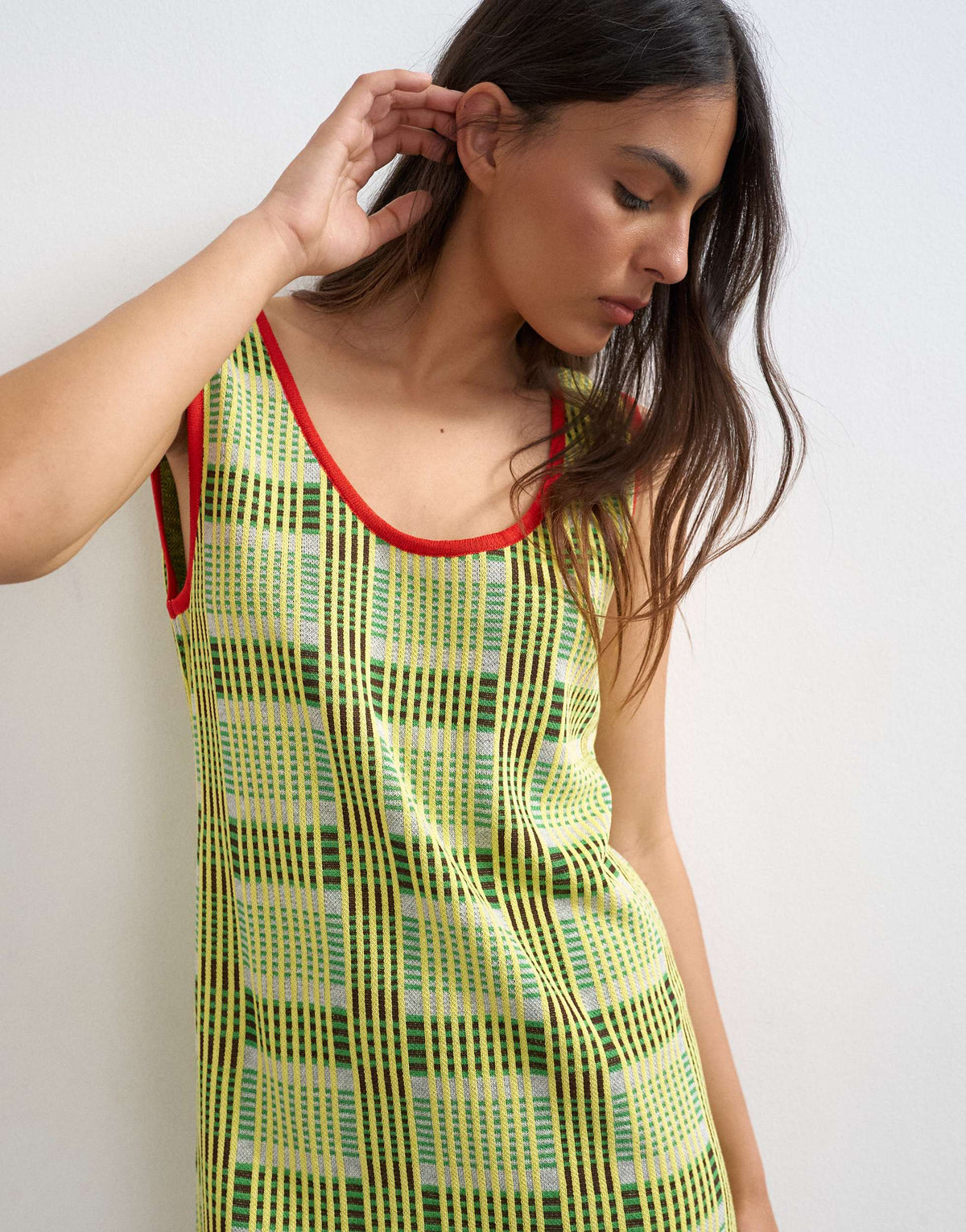 Topshop knitted sleeveless check mini dress in green
