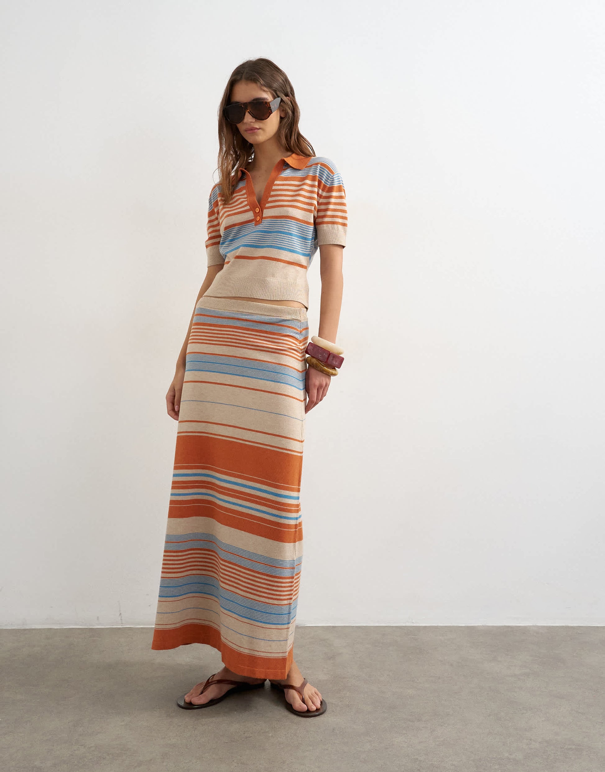 Topshop knitted short sleeve stripe polo top co-ord in blue multi