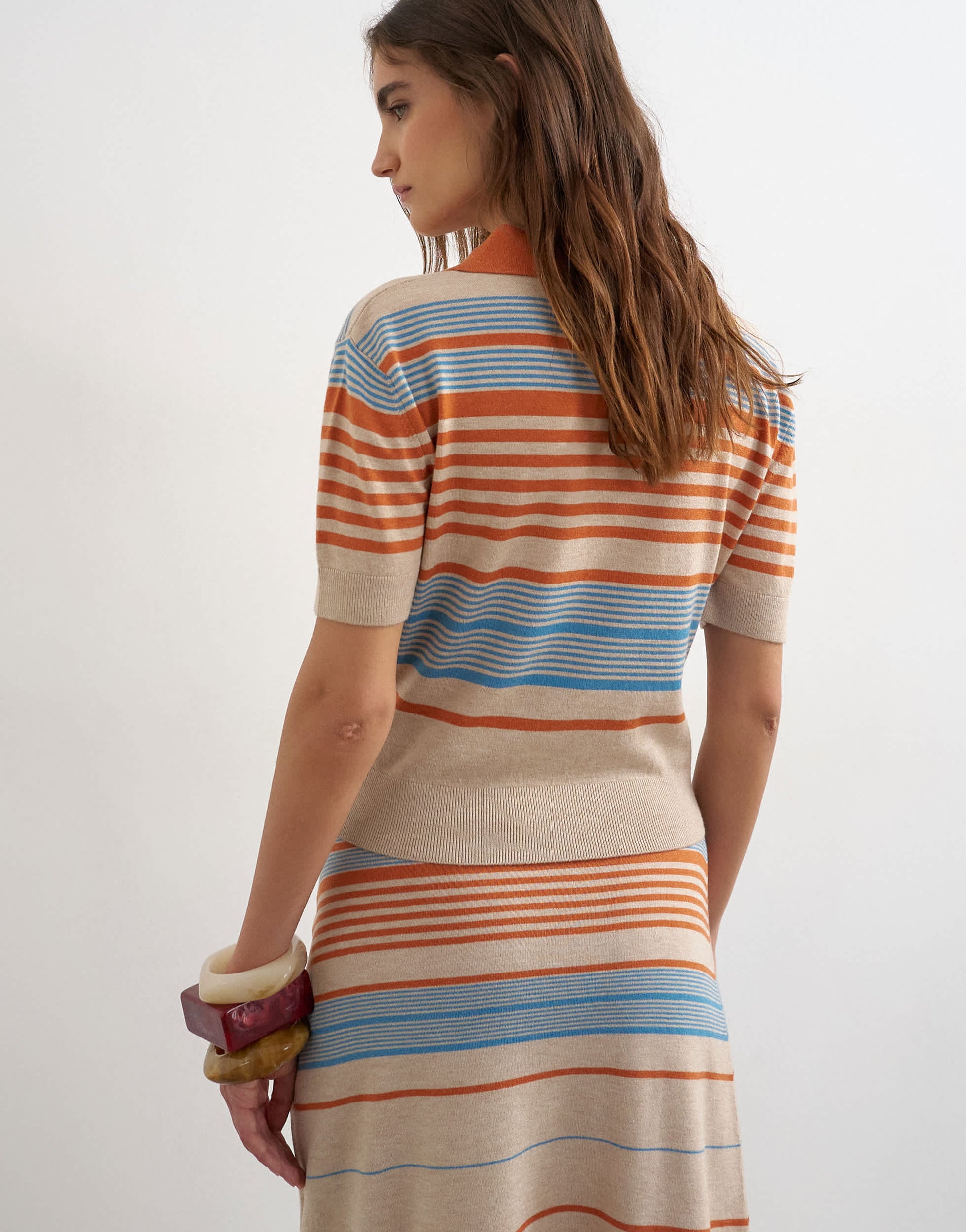 Topshop knitted short sleeve stripe polo top co-ord in blue multi