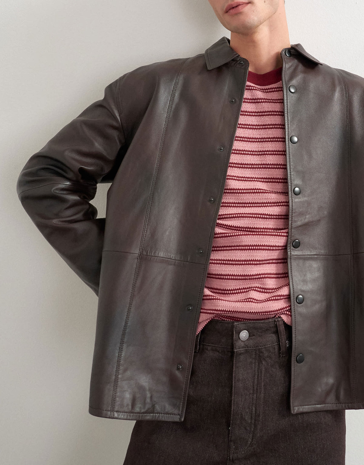 Topman relaxed fit real leather overshirt in chocolate brown